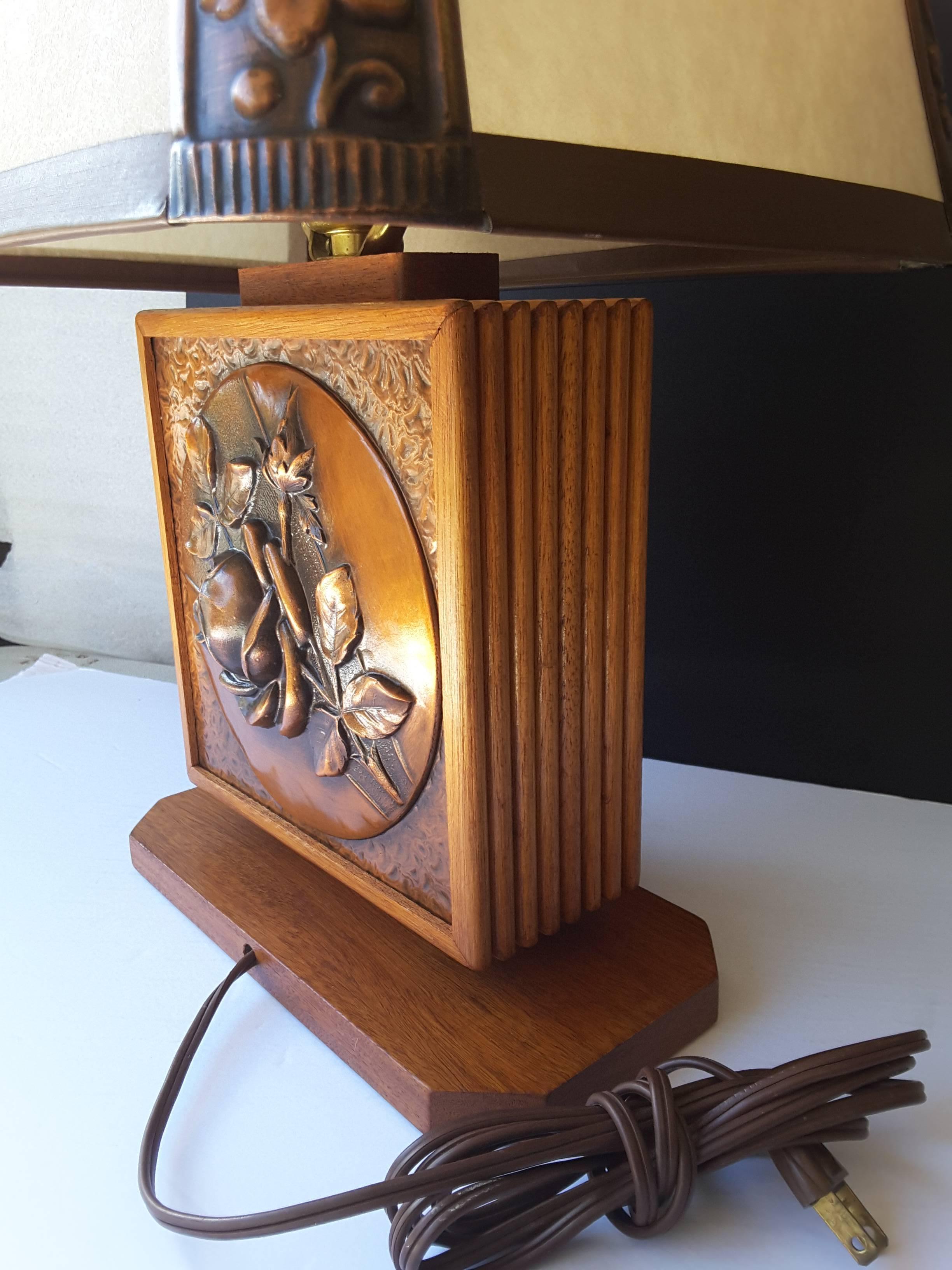 Albert Gilles Mid-Century Oak and Copper Rose Table Lamp 1