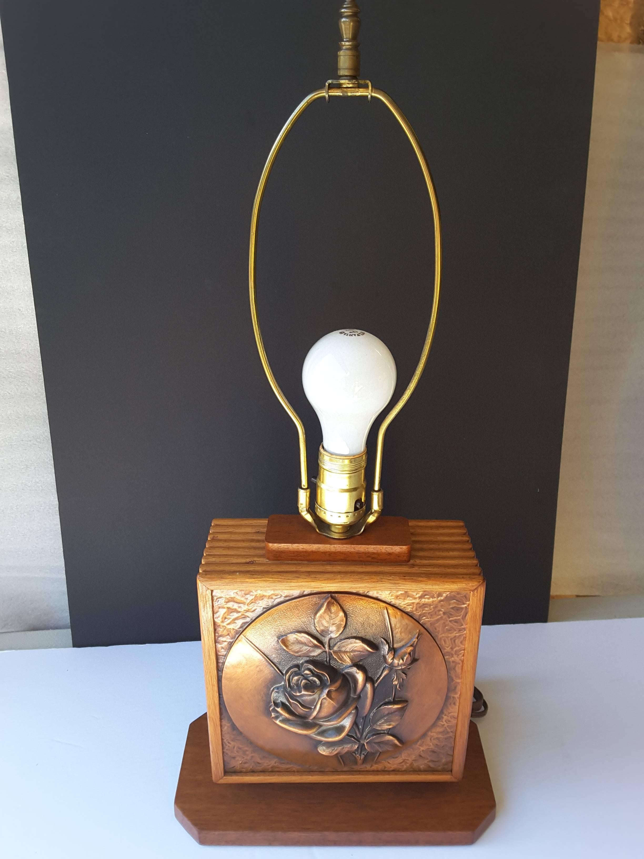 Albert Gilles Mid-Century Oak and Copper Rose Table Lamp 2