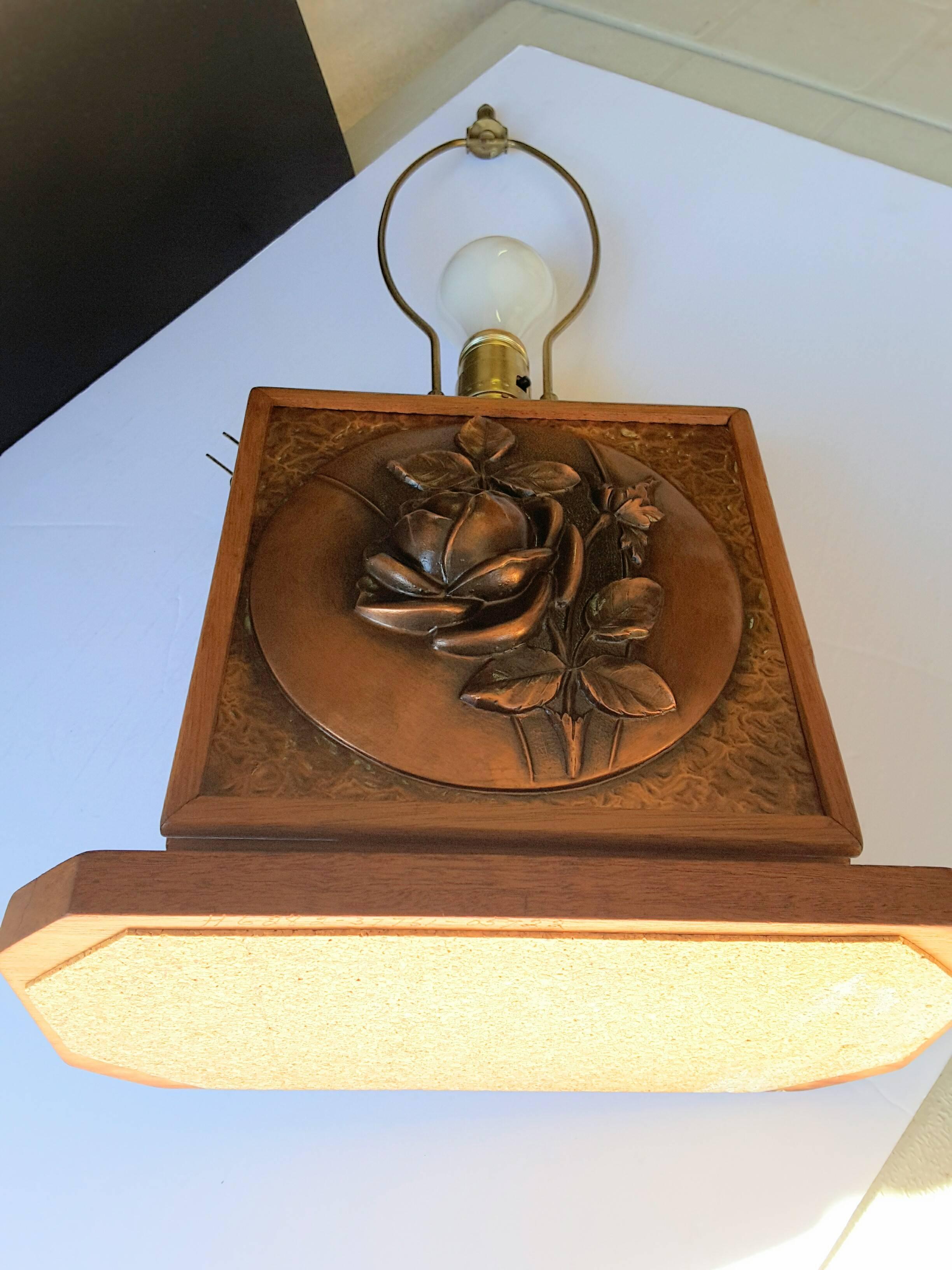 Albert Gilles Mid-Century Oak and Copper Rose Table Lamp 3