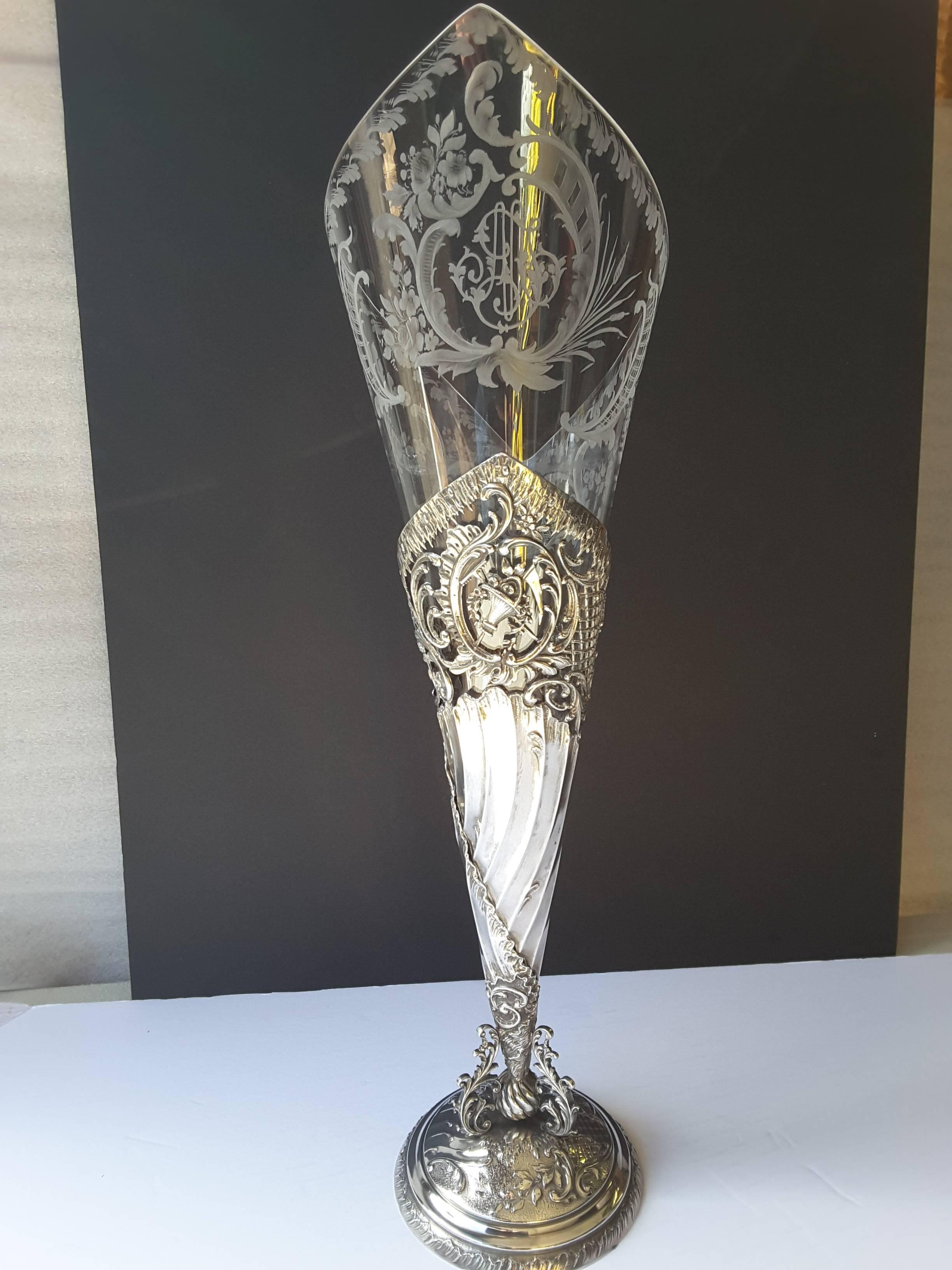 20th Century French Antique Silver Trumpet/Epergne Vase, With Glass Wheel Cut Insert