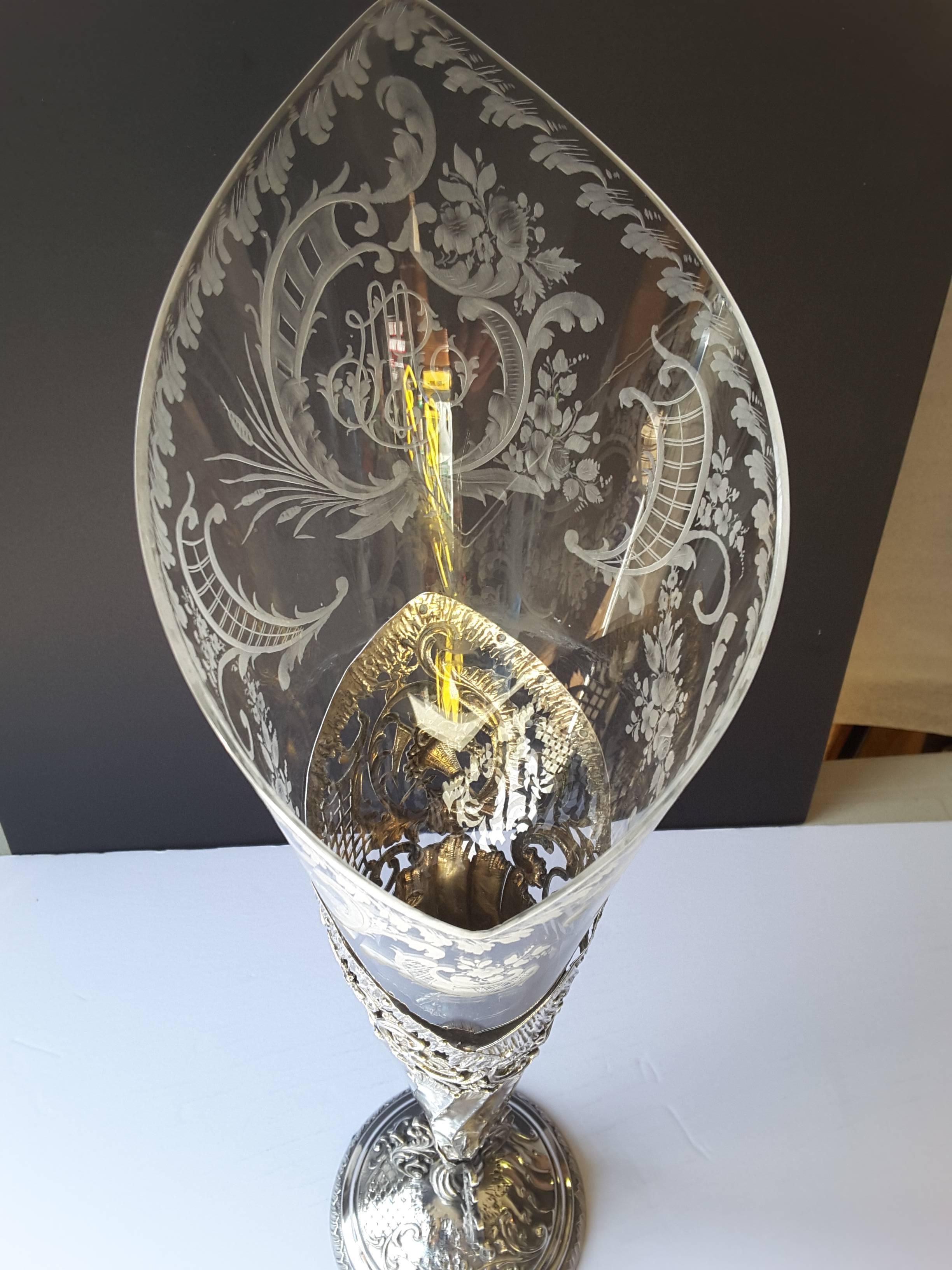 French Antique Silver Trumpet/Epergne Vase, With Glass Wheel Cut Insert 4