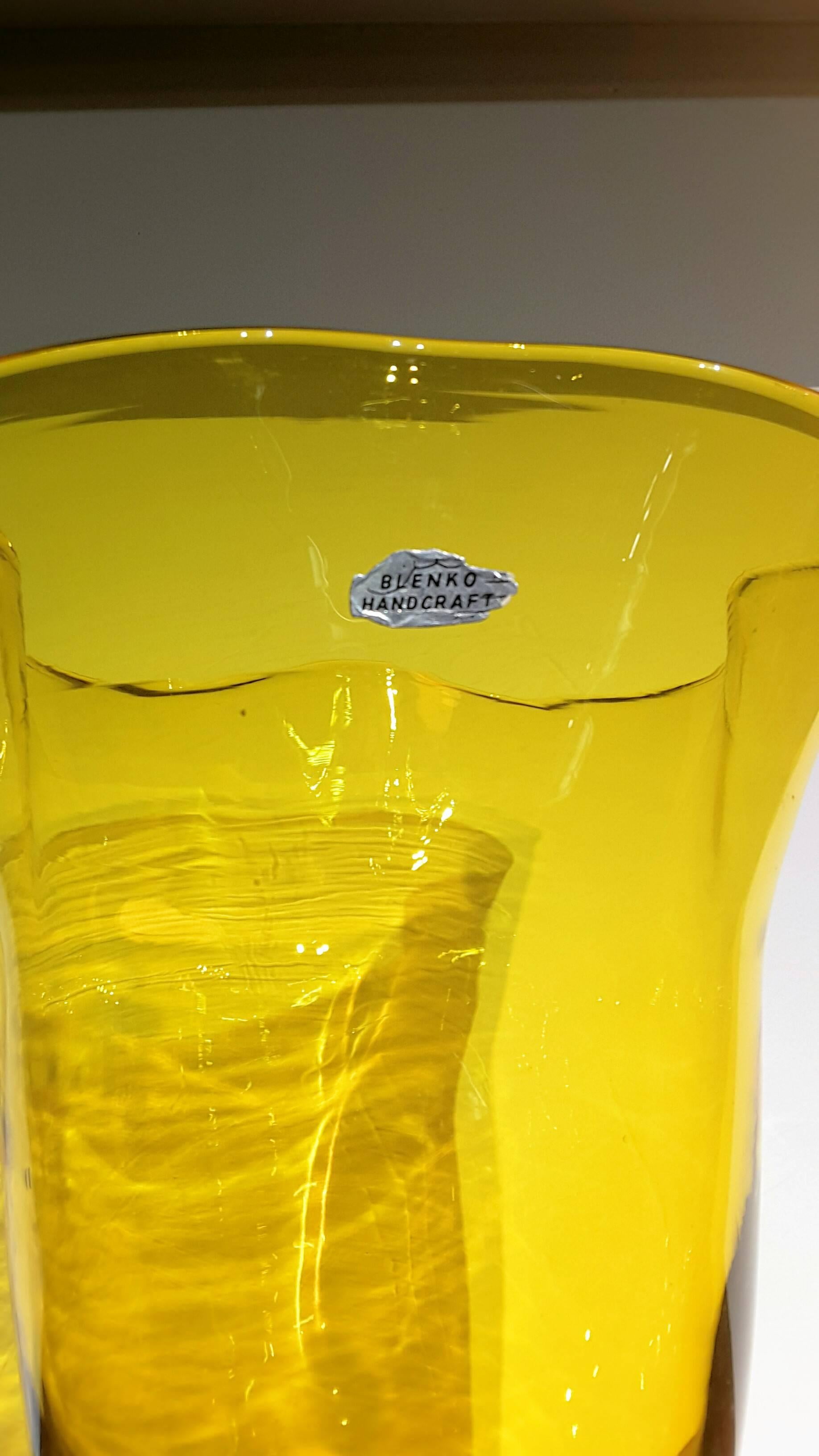 Large blenko amber yellow ruffle top vase, circa 1960. The blenko vase is 11 1/2