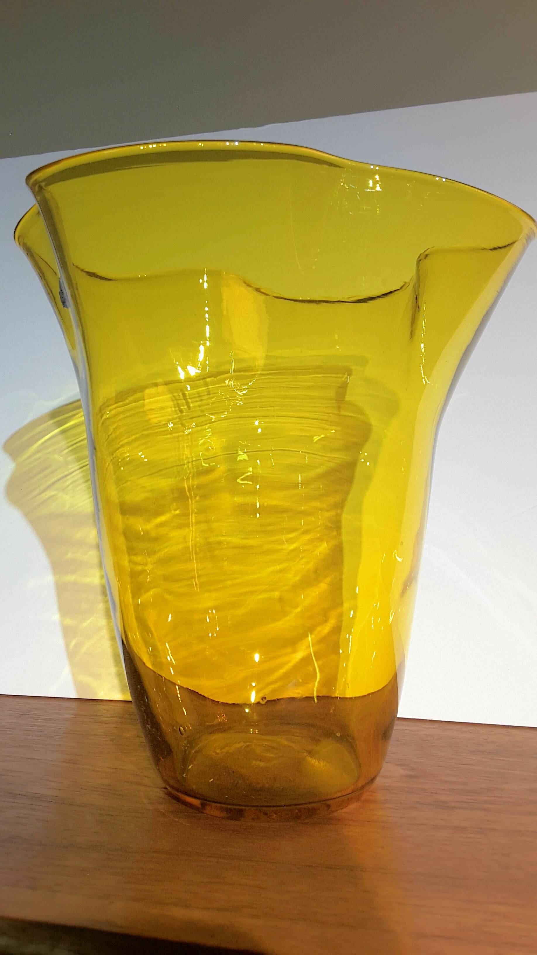 Mid-Century Modern Large Blenko Amber Yellow Ruffle Top Vase, circa 1960