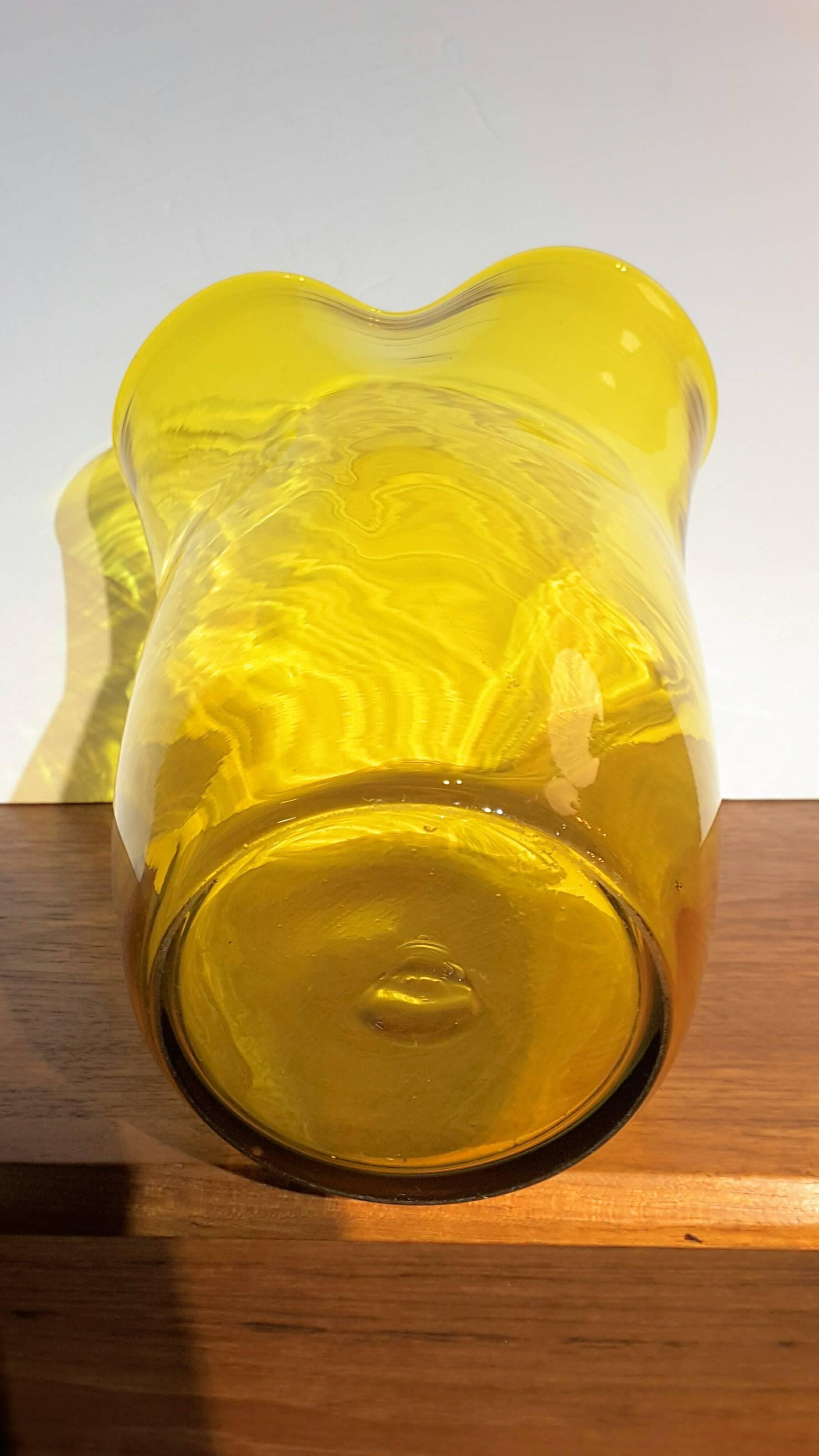 American Large Blenko Amber Yellow Ruffle Top Vase, circa 1960