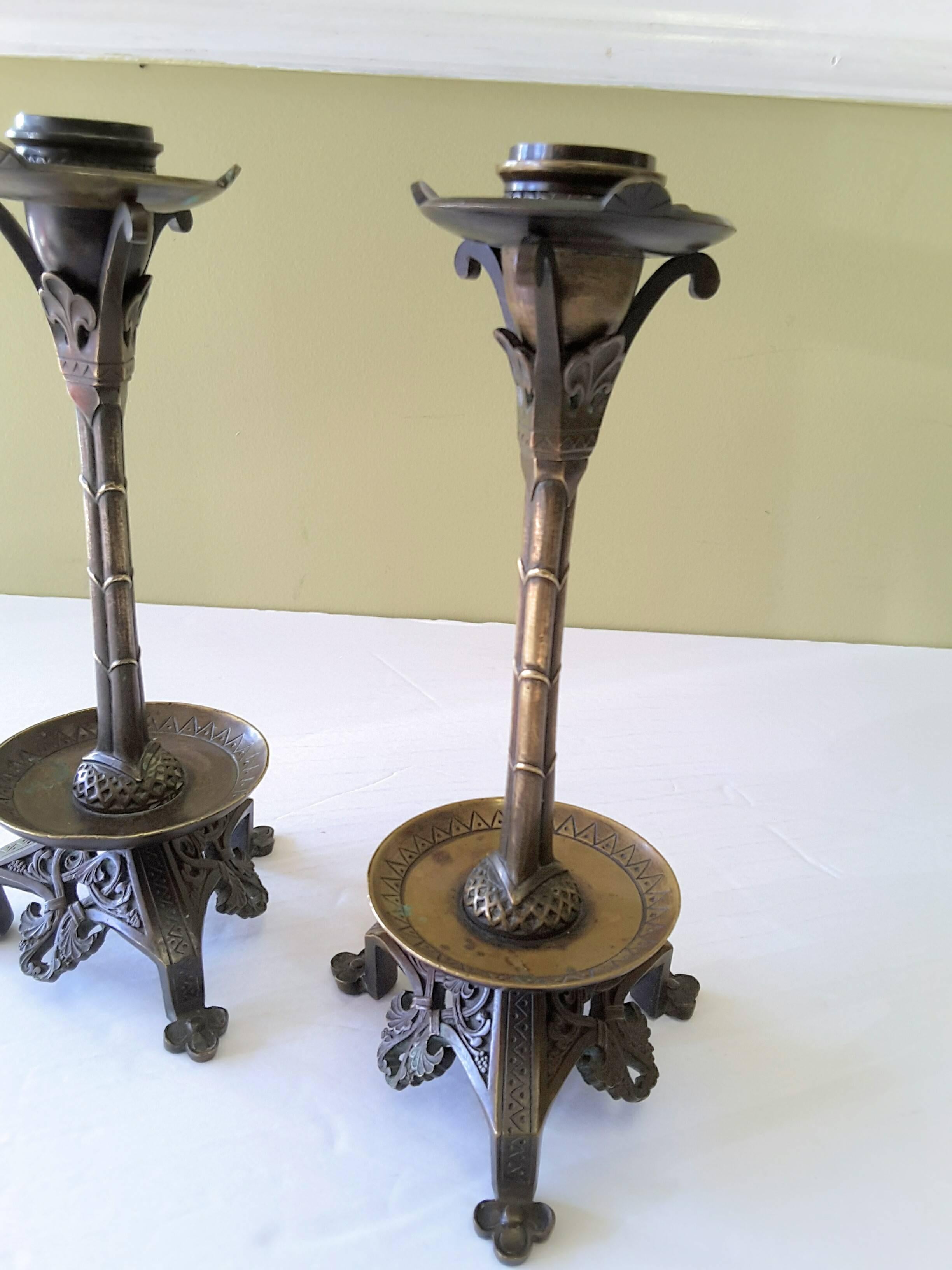 English Pair of Neo-Gothic Bronze Candlesticks, Done in the Manner of A. W. N. Pugin For Sale