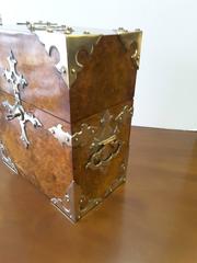 A Burl Walnut and Brass Mounts Gothic Style Decanter Set, London