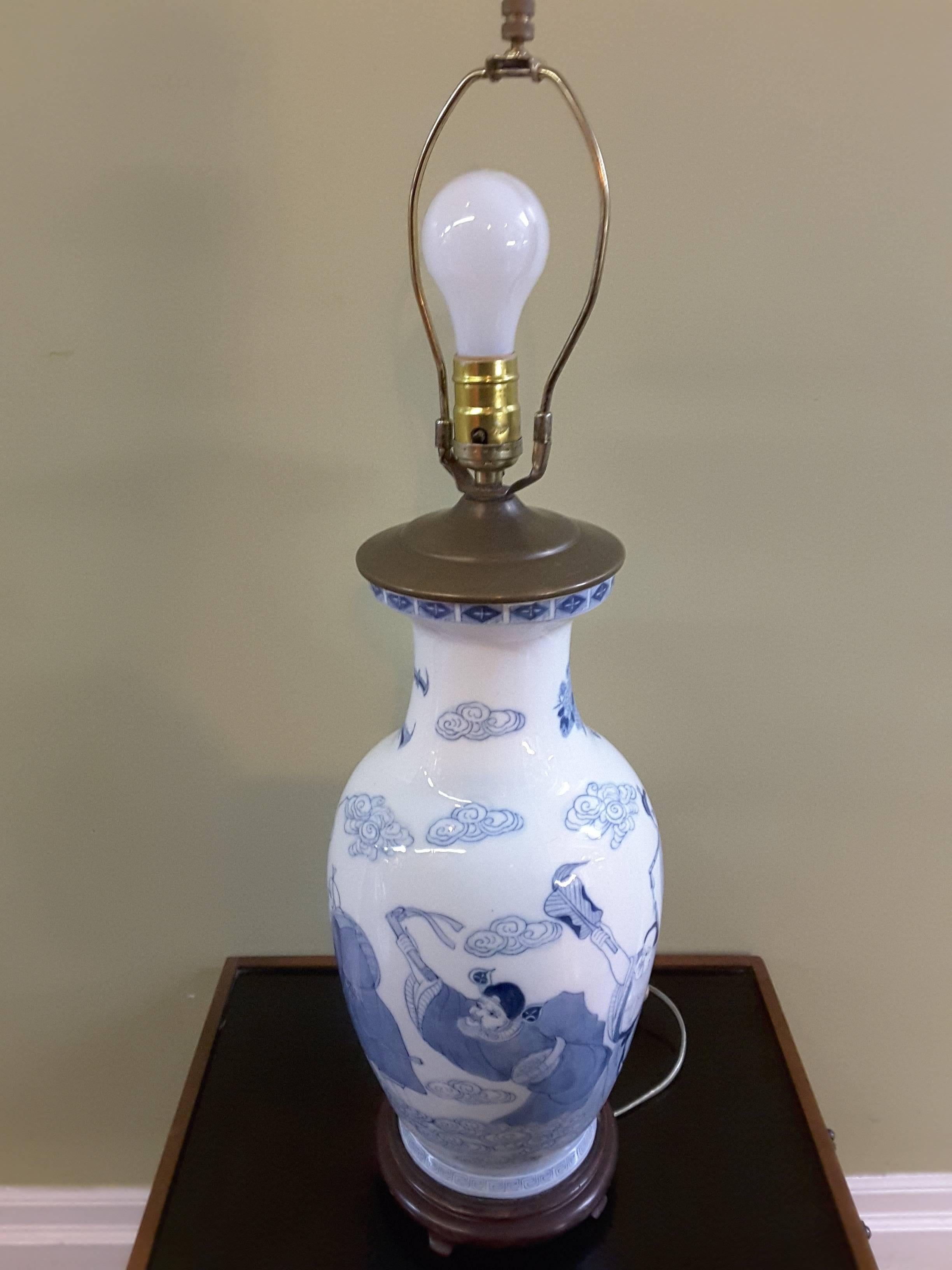 Asian Pictorial Blue and White, With 8 Figures, Table Lamp For Sale 1