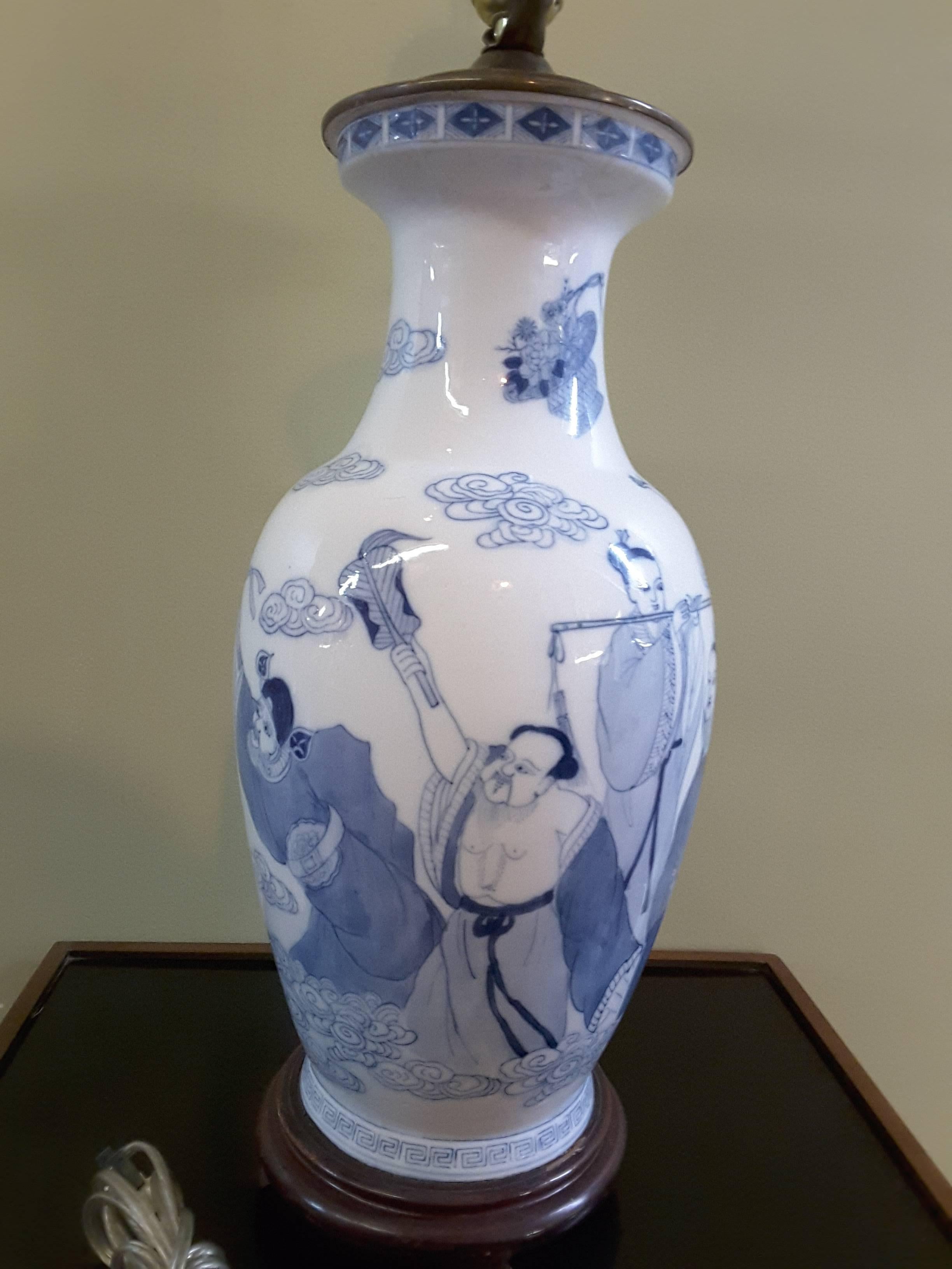 Central Asian Asian Pictorial Blue and White, With 8 Figures, Table Lamp For Sale