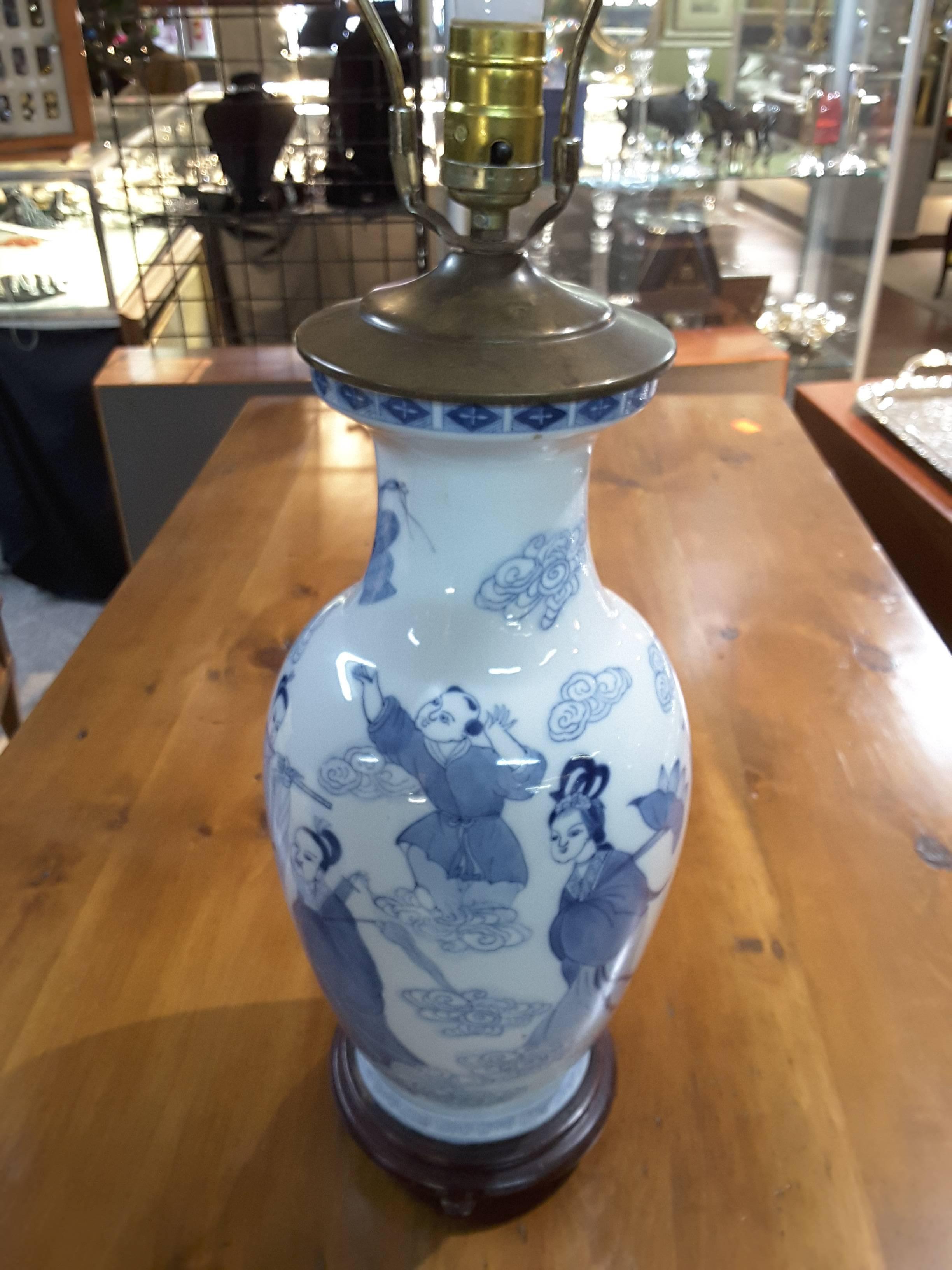 Asian Pictorial Blue and White, With 8 Figures, Table Lamp For Sale 2