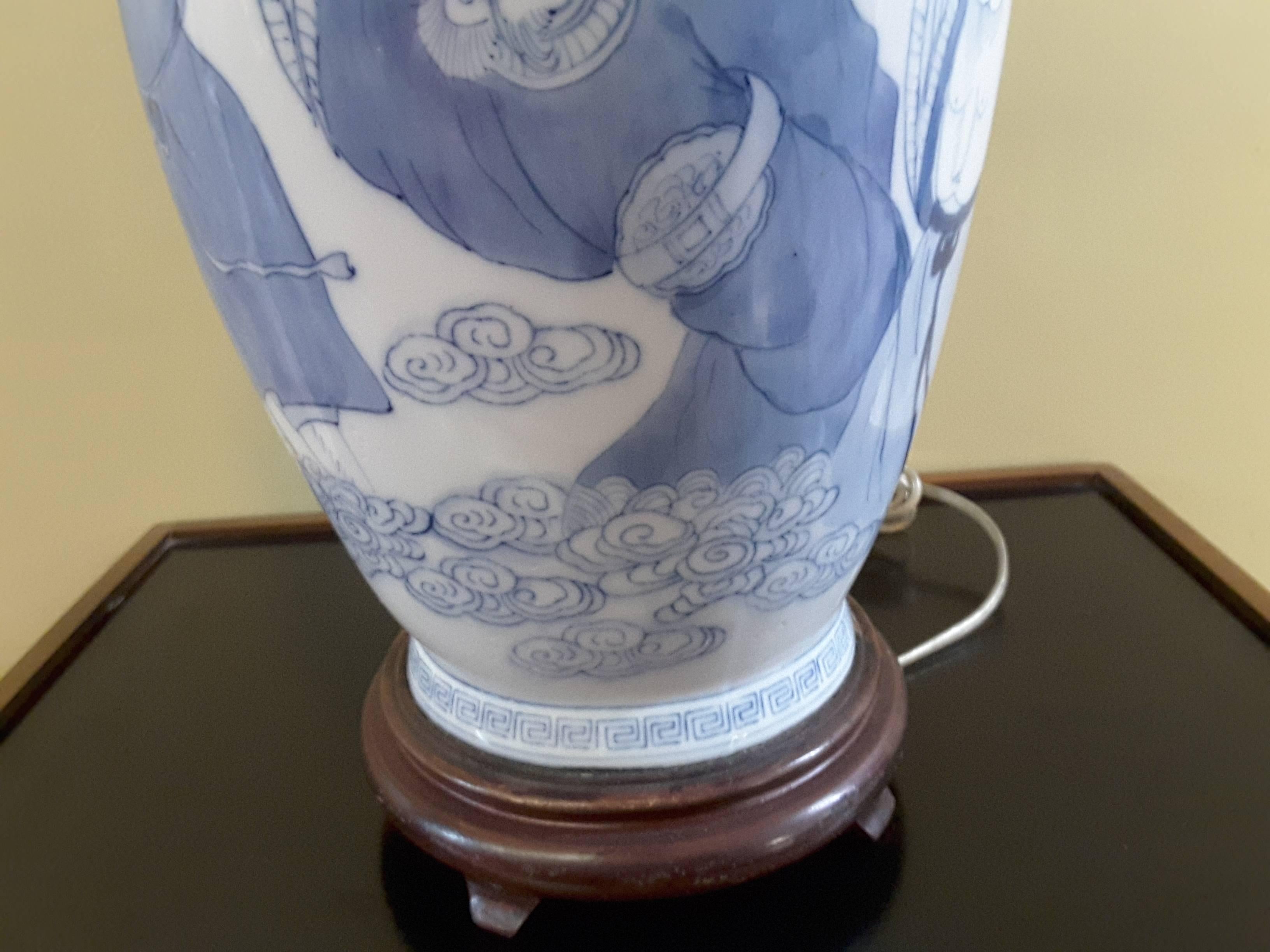 20th Century Asian Pictorial Blue and White, With 8 Figures, Table Lamp For Sale