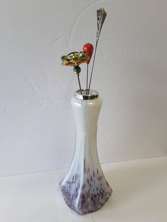 Austrian Art Glass Hat Pin Holder with Sterling Silver Mount