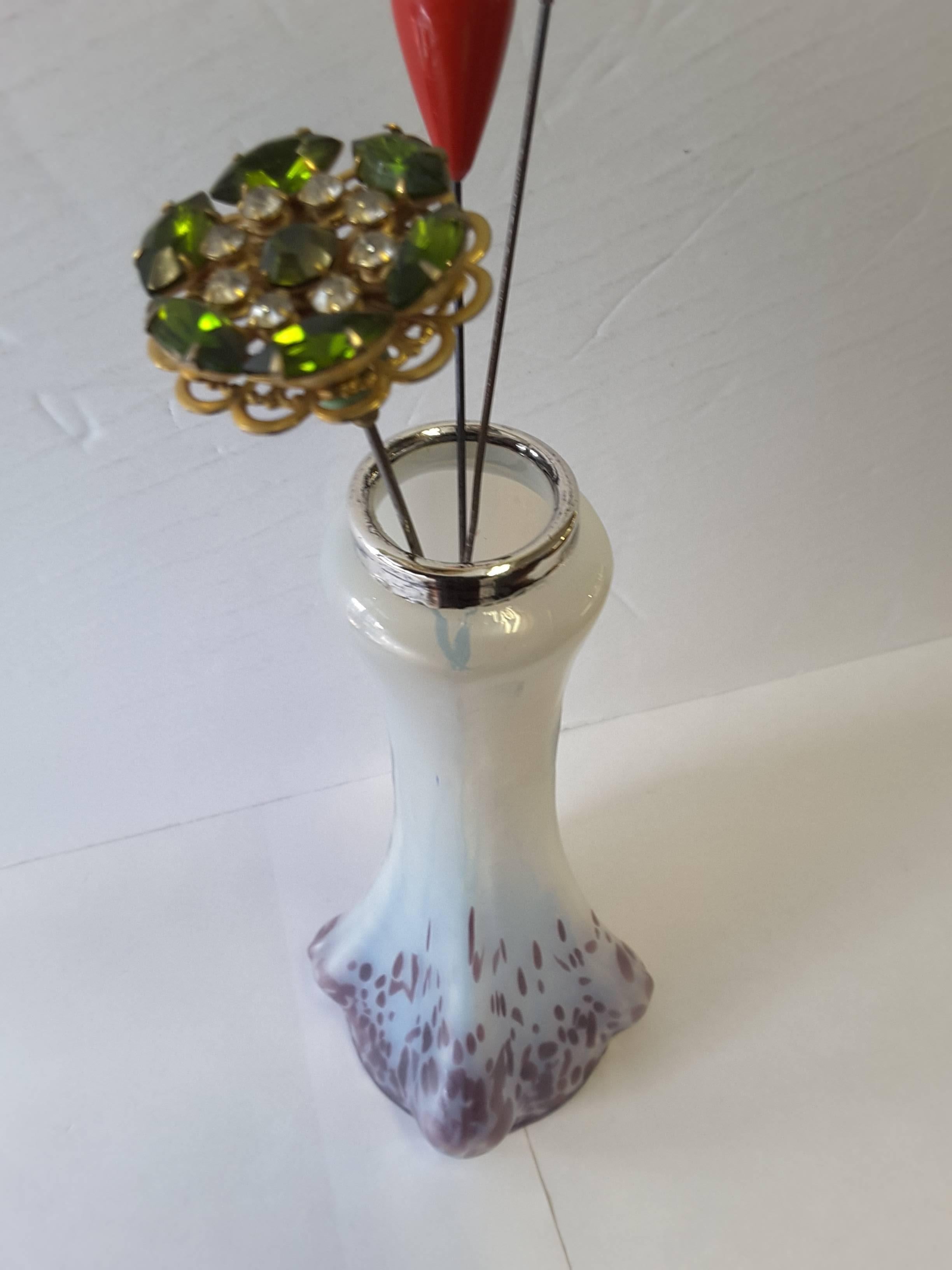 Edwardian Austrian Art Glass Hat Pin Holder with Sterling Silver Mount, Hallmarked 1911 For Sale