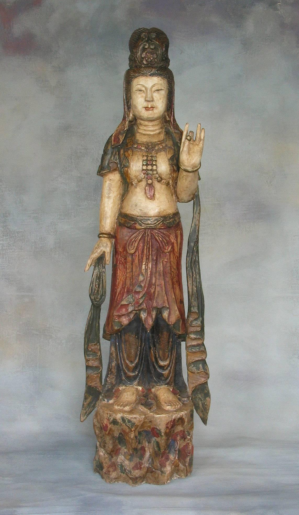 Chinoiserie Chinese Carved Wood Standing Figure of Guanyin in the Ming Dynasty Style For Sale