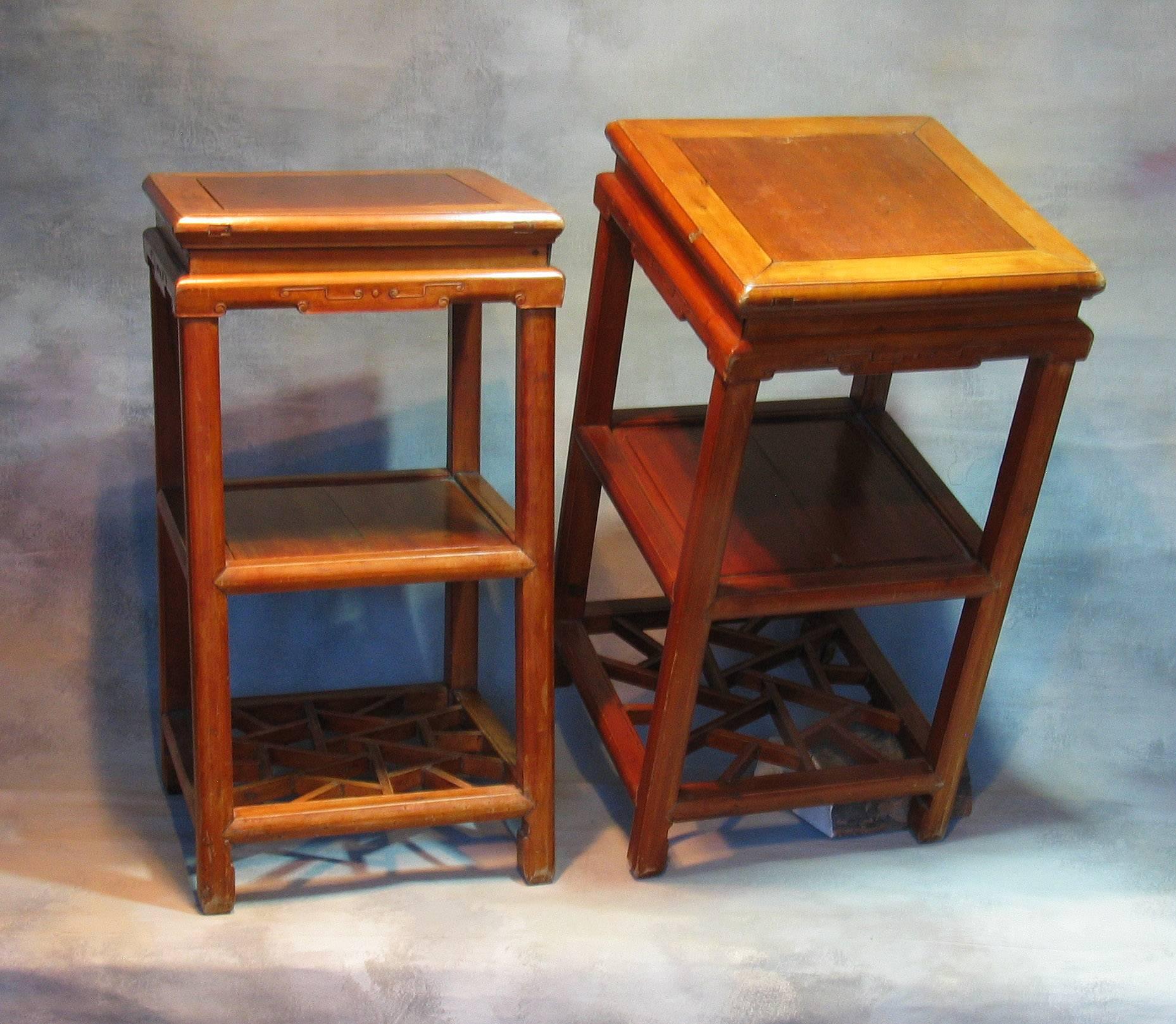 Late Qing dynasty carved hardwood side tables or stands or tea tables, Southern Chinese, A good example of tea tables with finely carved frieze panelled middle and attractive "cracked ice" lattice lower shelf, so characteristic of