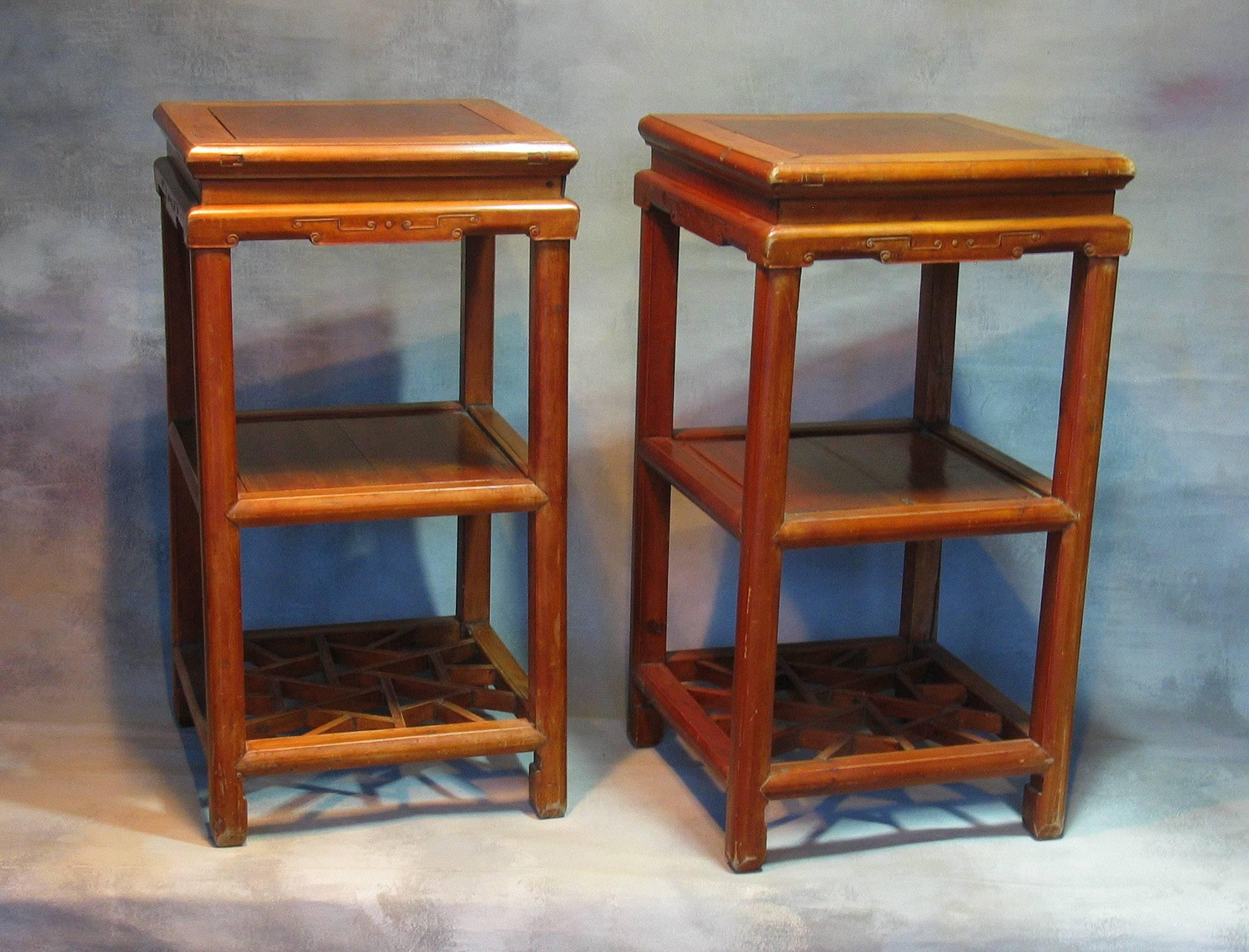 Chinese Chippendale Late Qing Dynasty Carved Hardwood Side Tables or Stands Southern Chinese For Sale