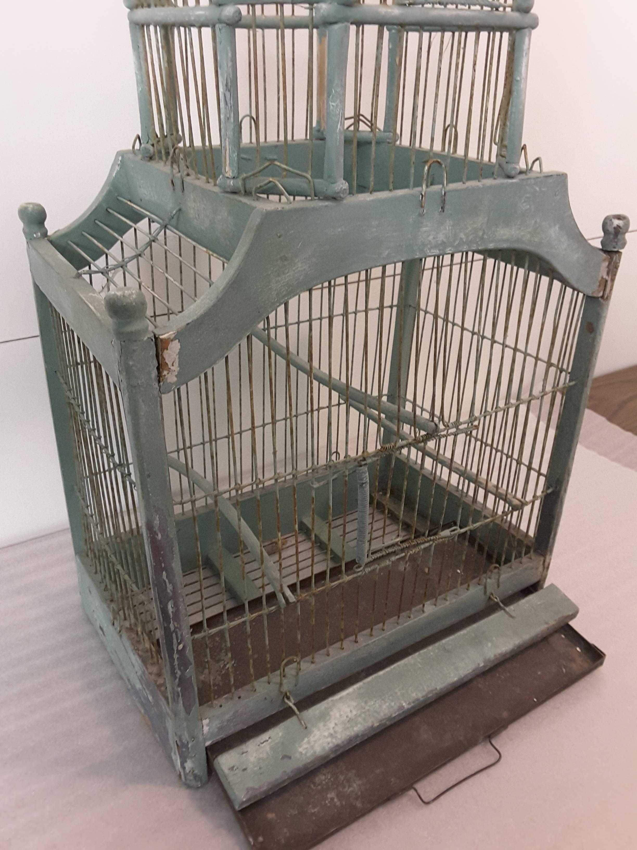 Victorian Cathedral Dome Bird Cage in Original Green Paint, circa 1880 3