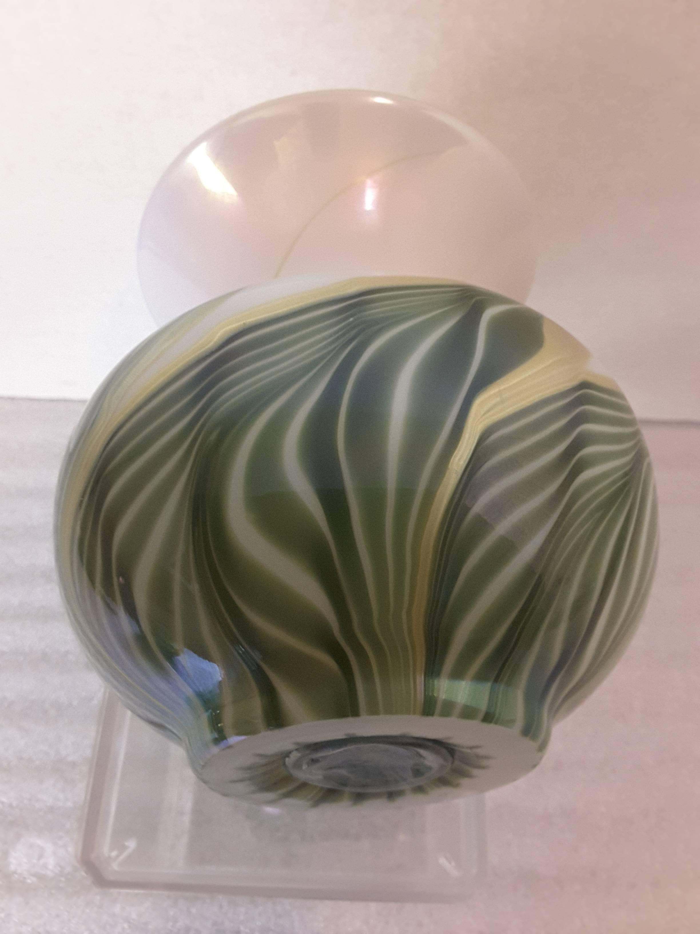 20th Century Pulled Feather Art Glass Vase in White, Green and Iridescent Gold Interior