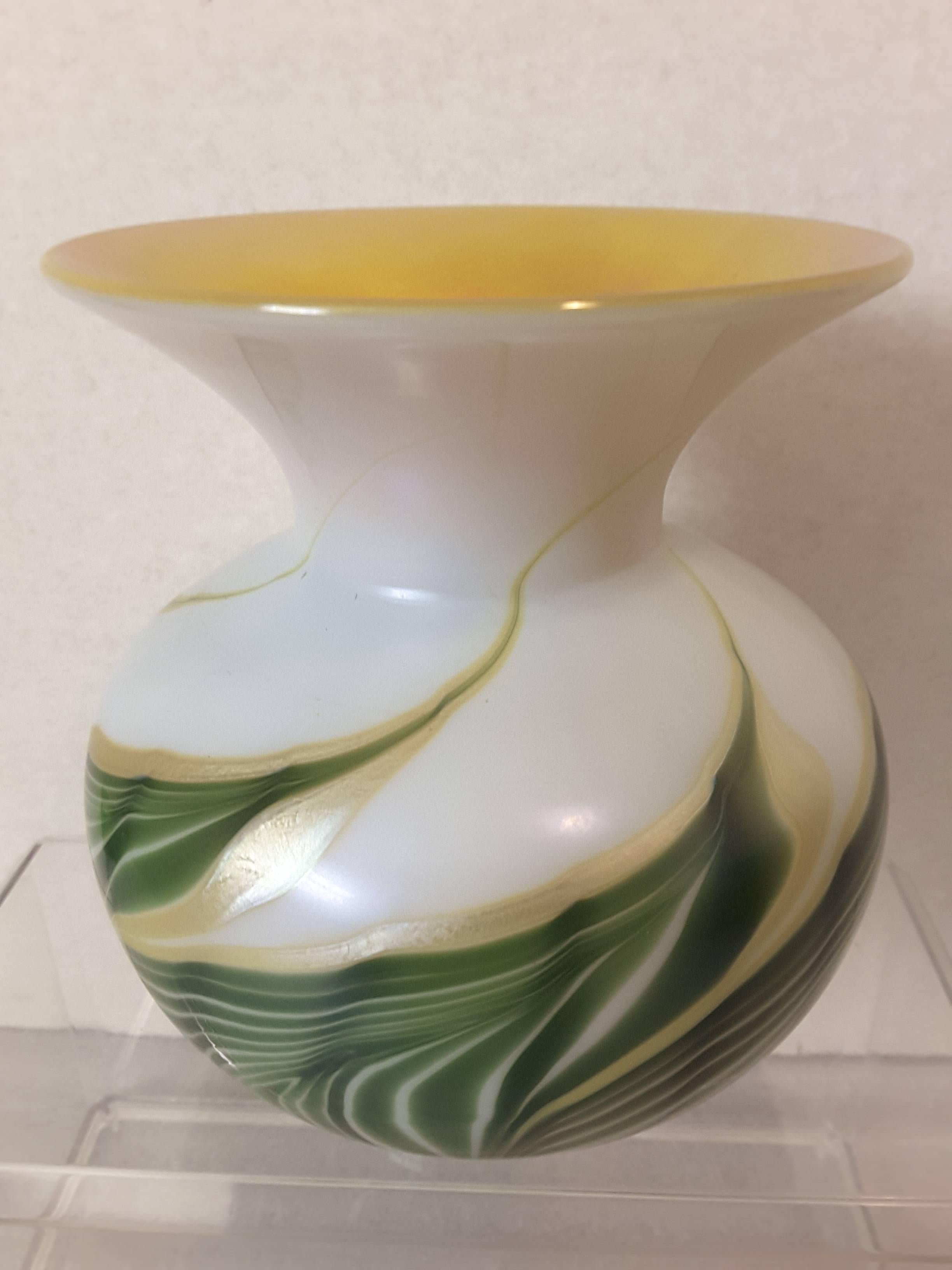 Pulled Feather Art Glass Vase in White, Green and Iridescent Gold Interior 1