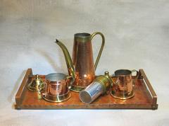 Exquisite Planished Copper and Brass Coffee Set, by Dinanderie de Mecap