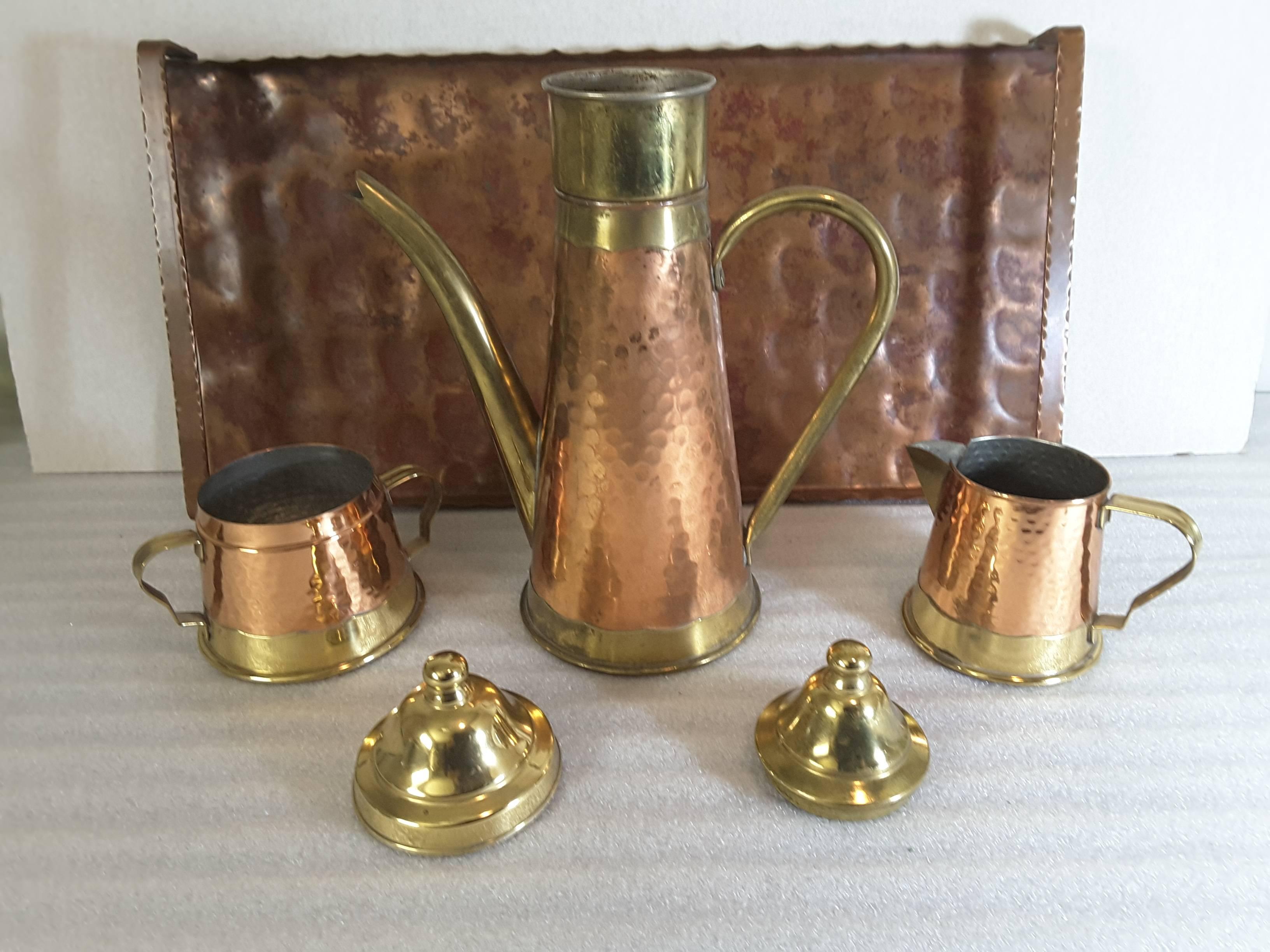 Belgian Exquisite Planished Copper and Brass Coffee Set, by Dinanderie de Mecap