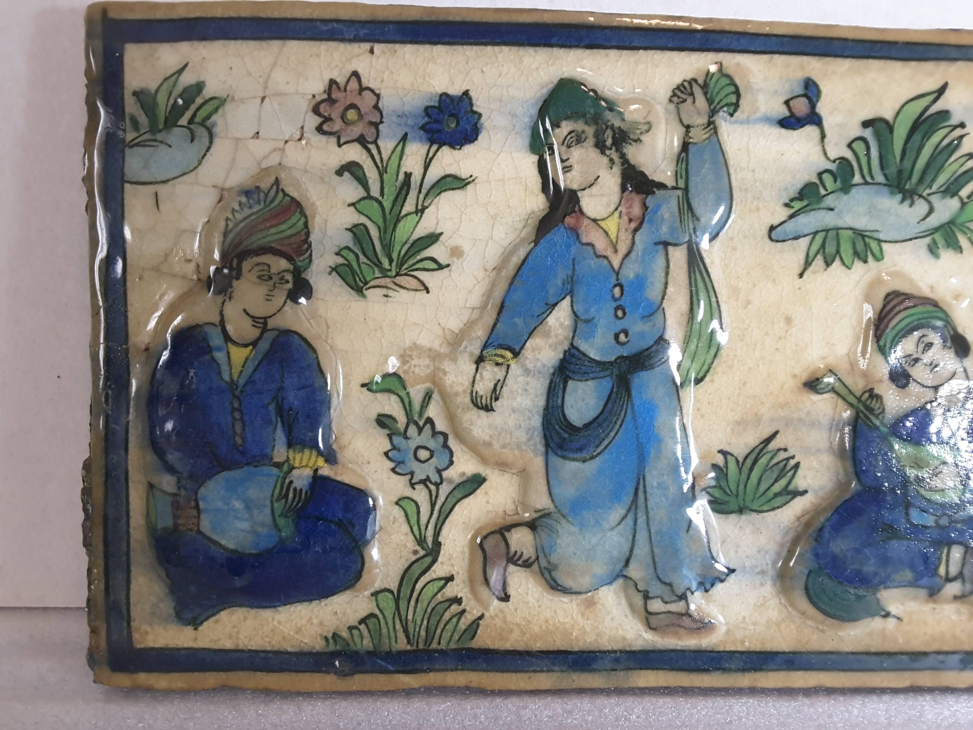 Pottery Large Rectangular Qajar Molded Tile, Iran, 19th Century
