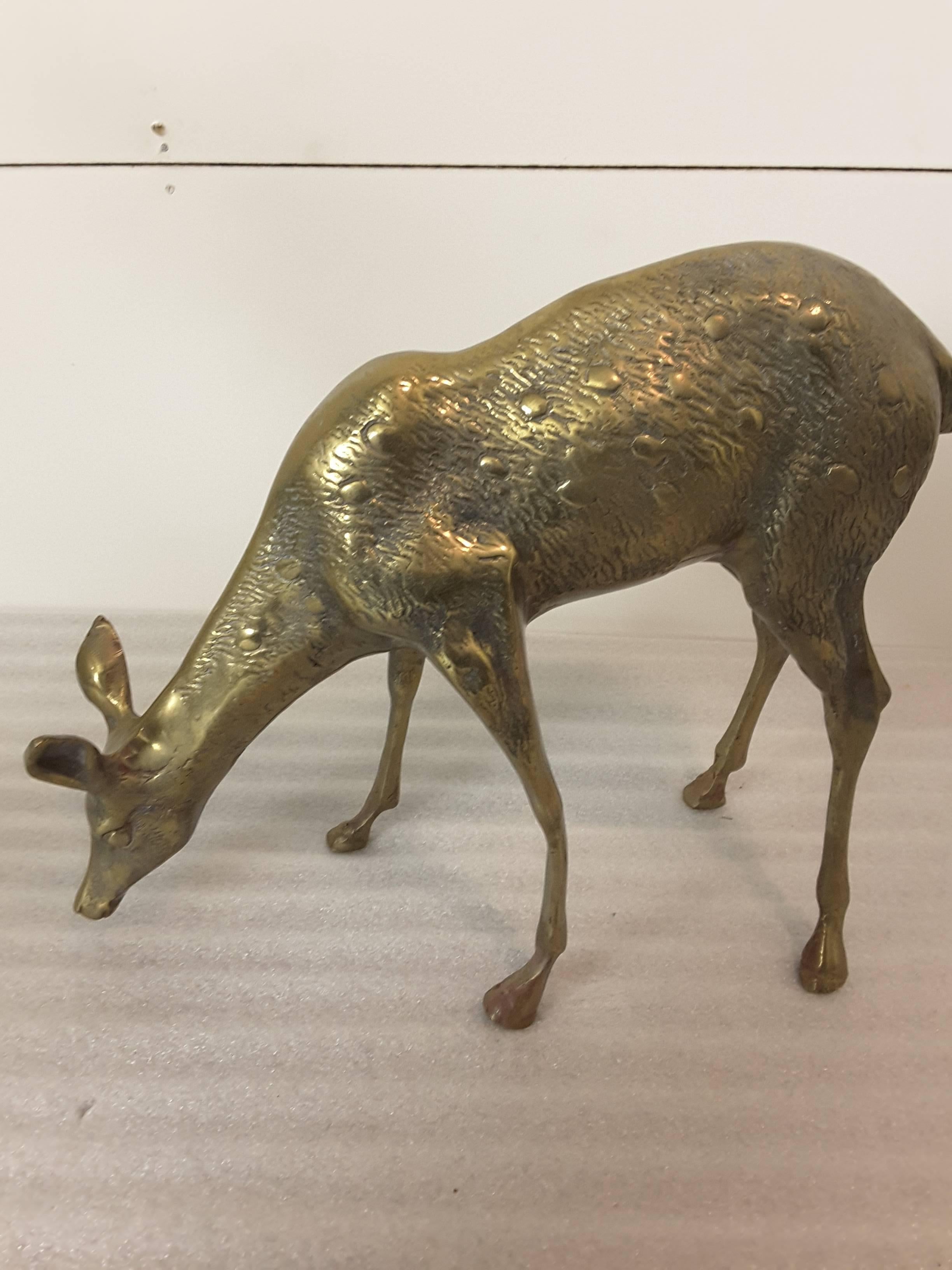 Mid-Century Modern Mid-Century Brass Guarding Stag and Feeding Doe Sculpture's