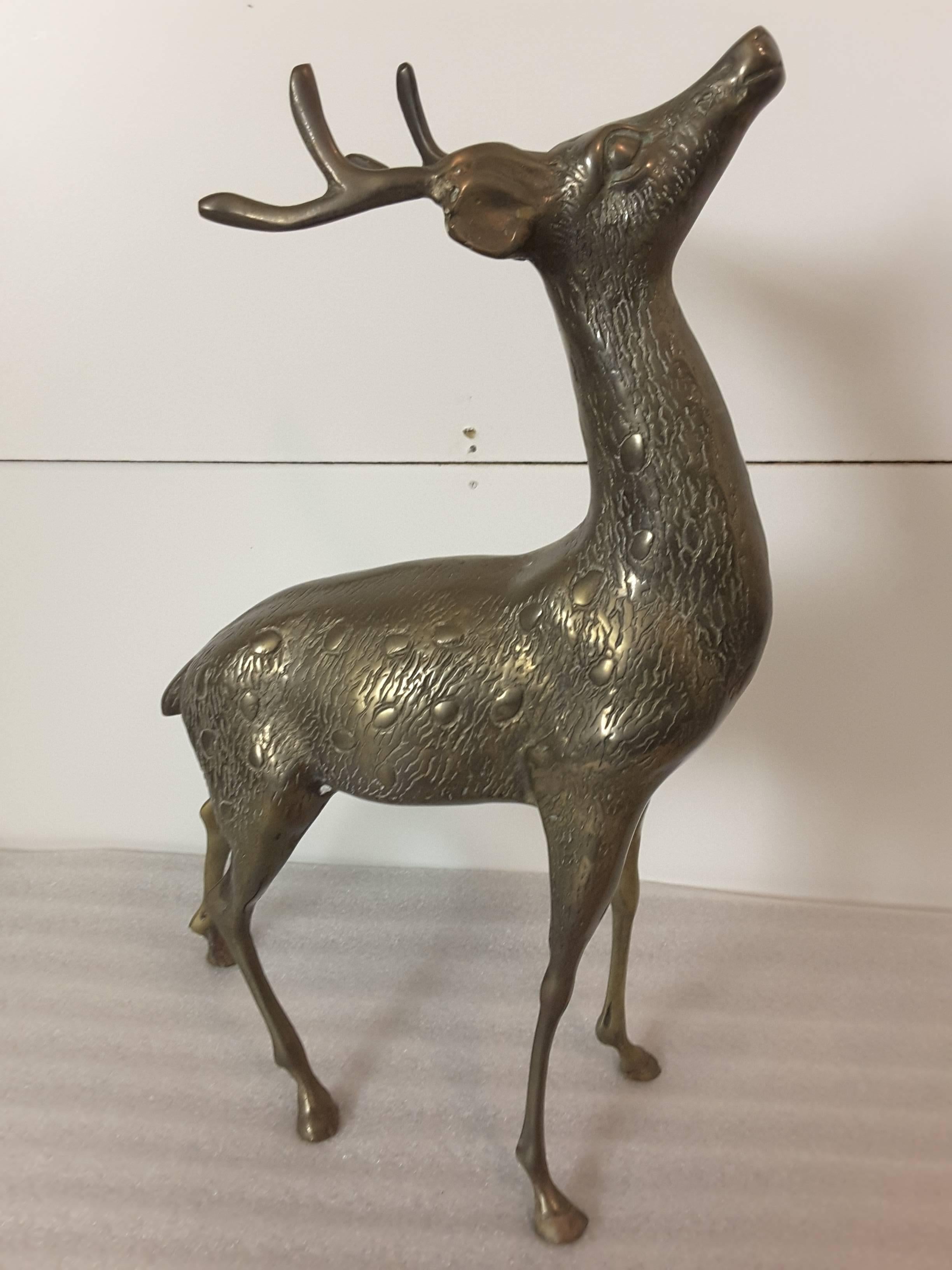 American Mid-Century Brass Guarding Stag and Feeding Doe Sculpture's