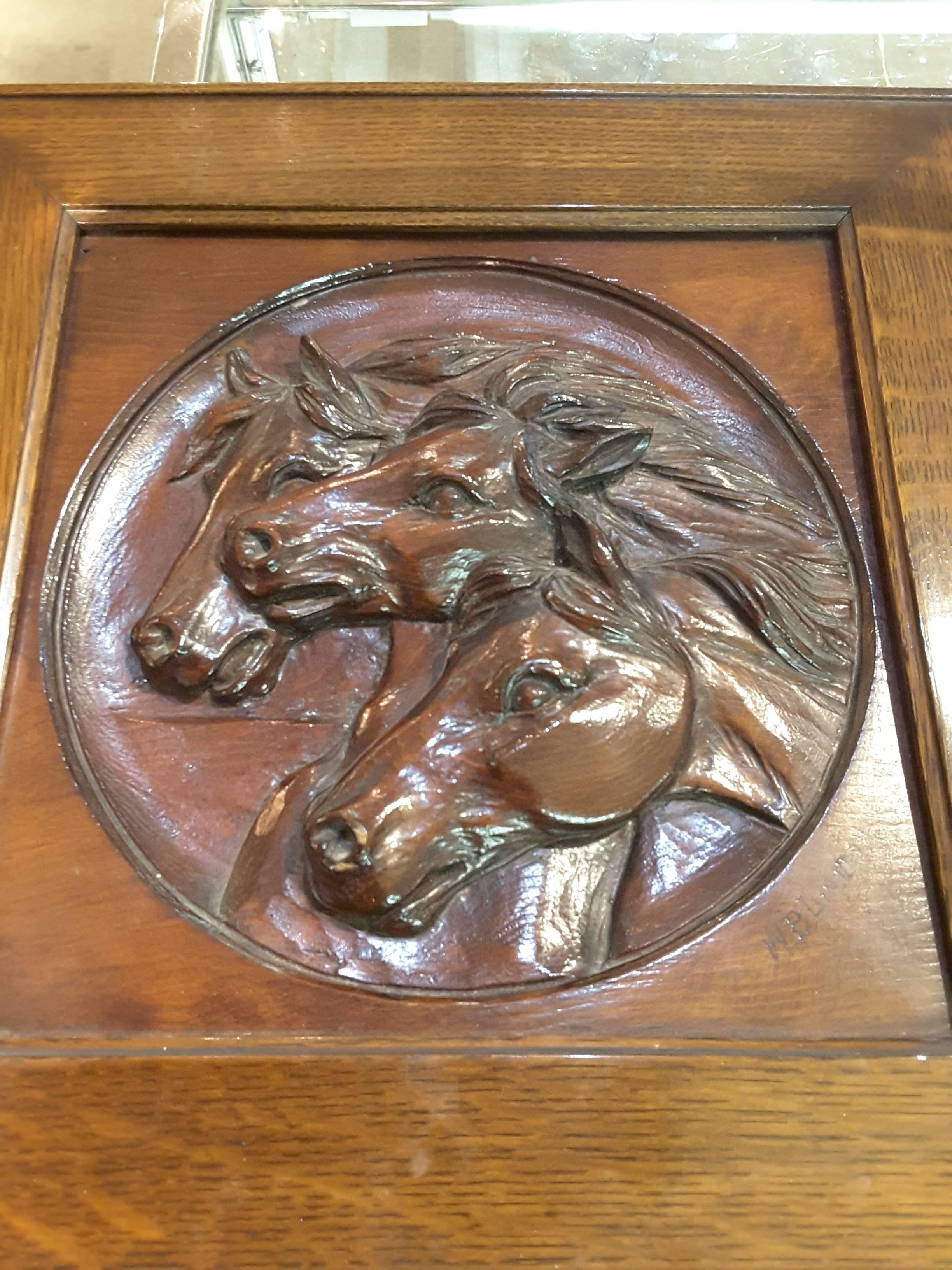 Edwardian Nice Three Horse Carved Pine Panel Mounted in Oak Frame Signed W.B.Lintton For Sale