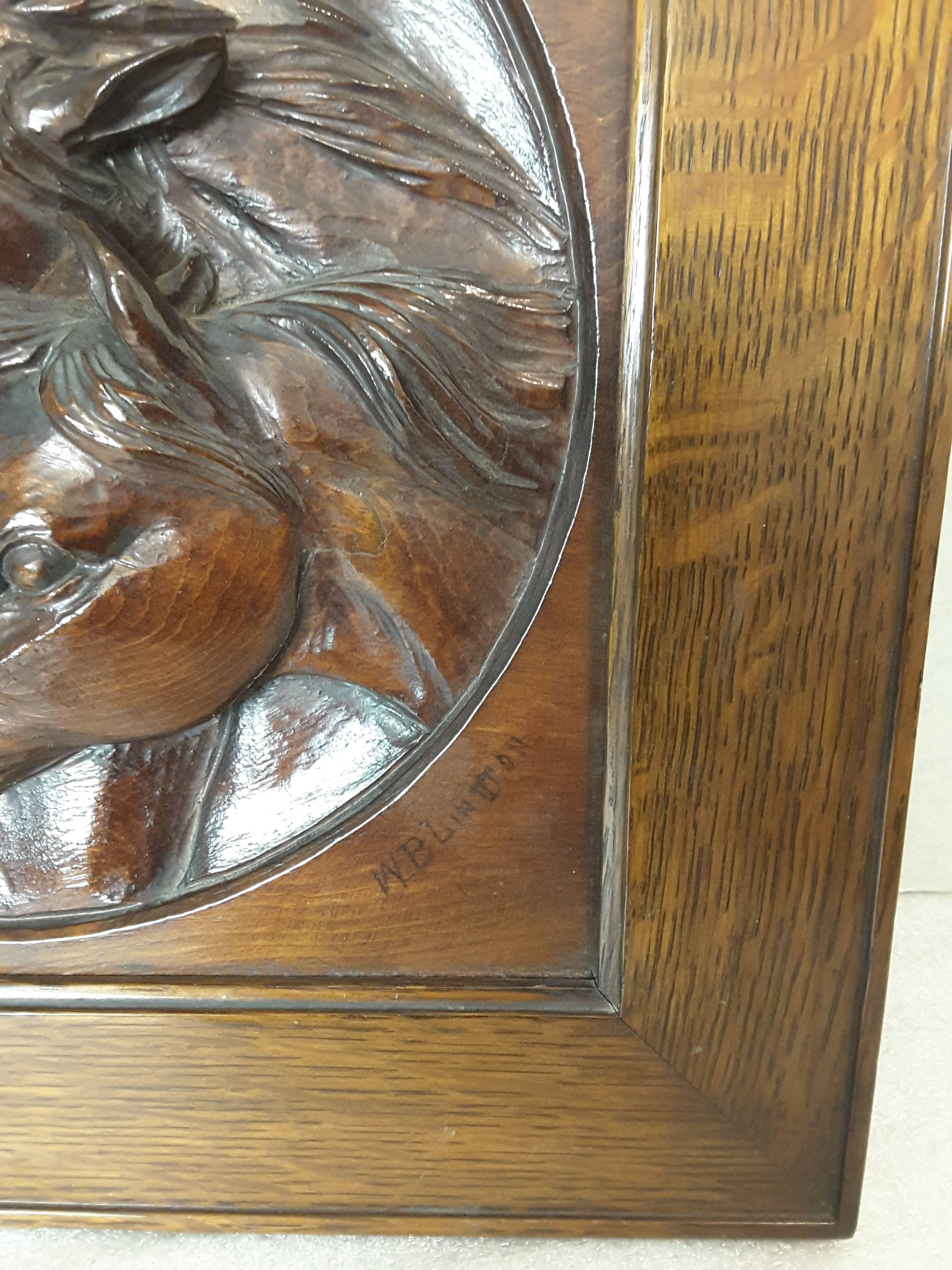 American Nice Three Horse Carved Pine Panel Mounted in Oak Frame Signed W.B.Lintton For Sale