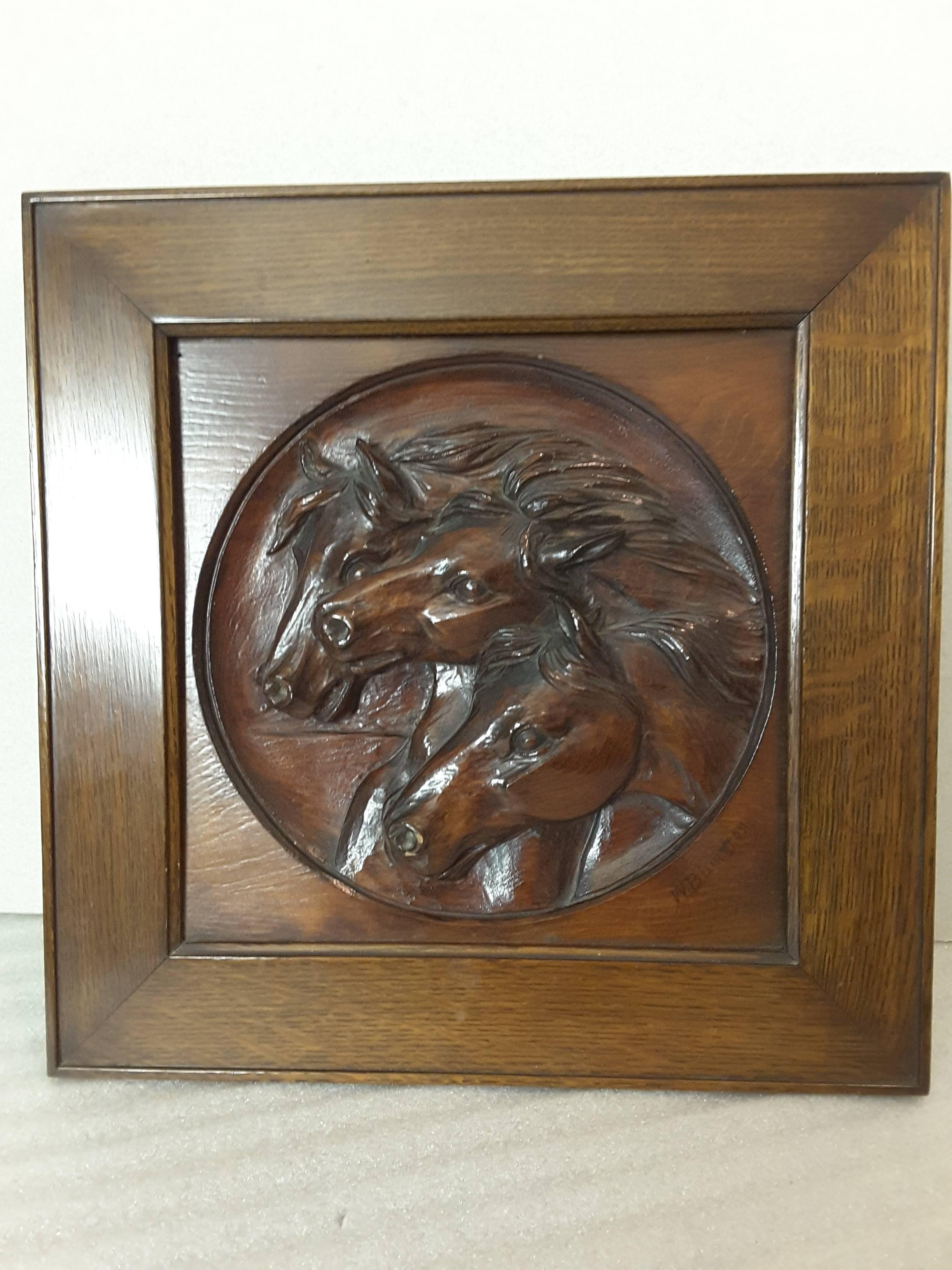 Nice Three Horse Carved Pine Panel Mounted in Oak Frame Signed W.B.Lintton In Good Condition For Sale In Ottawa, Ontario