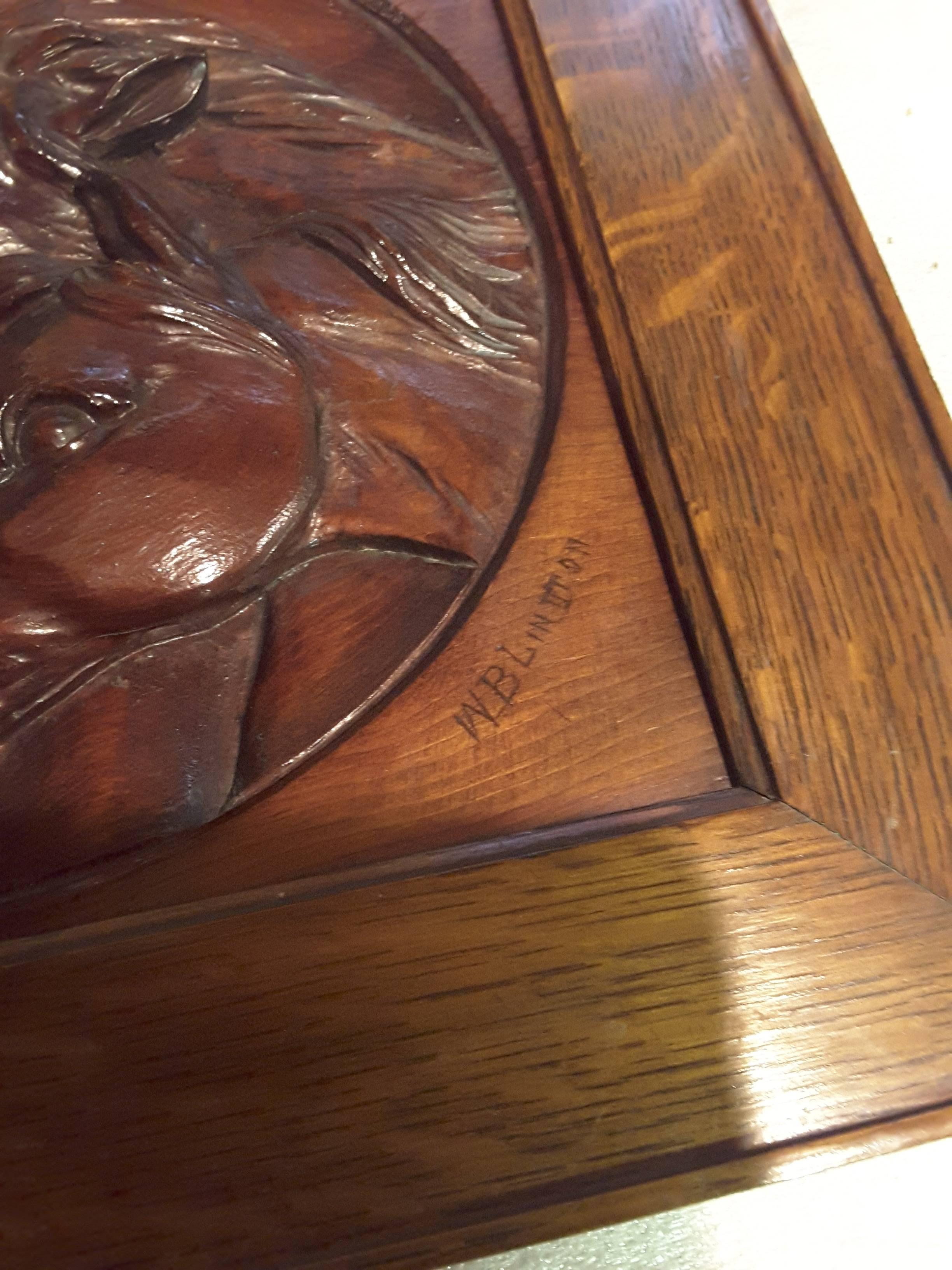 Nice Three Horse Carved Pine Panel Mounted in Oak Frame Signed W.B.Lintton For Sale 2