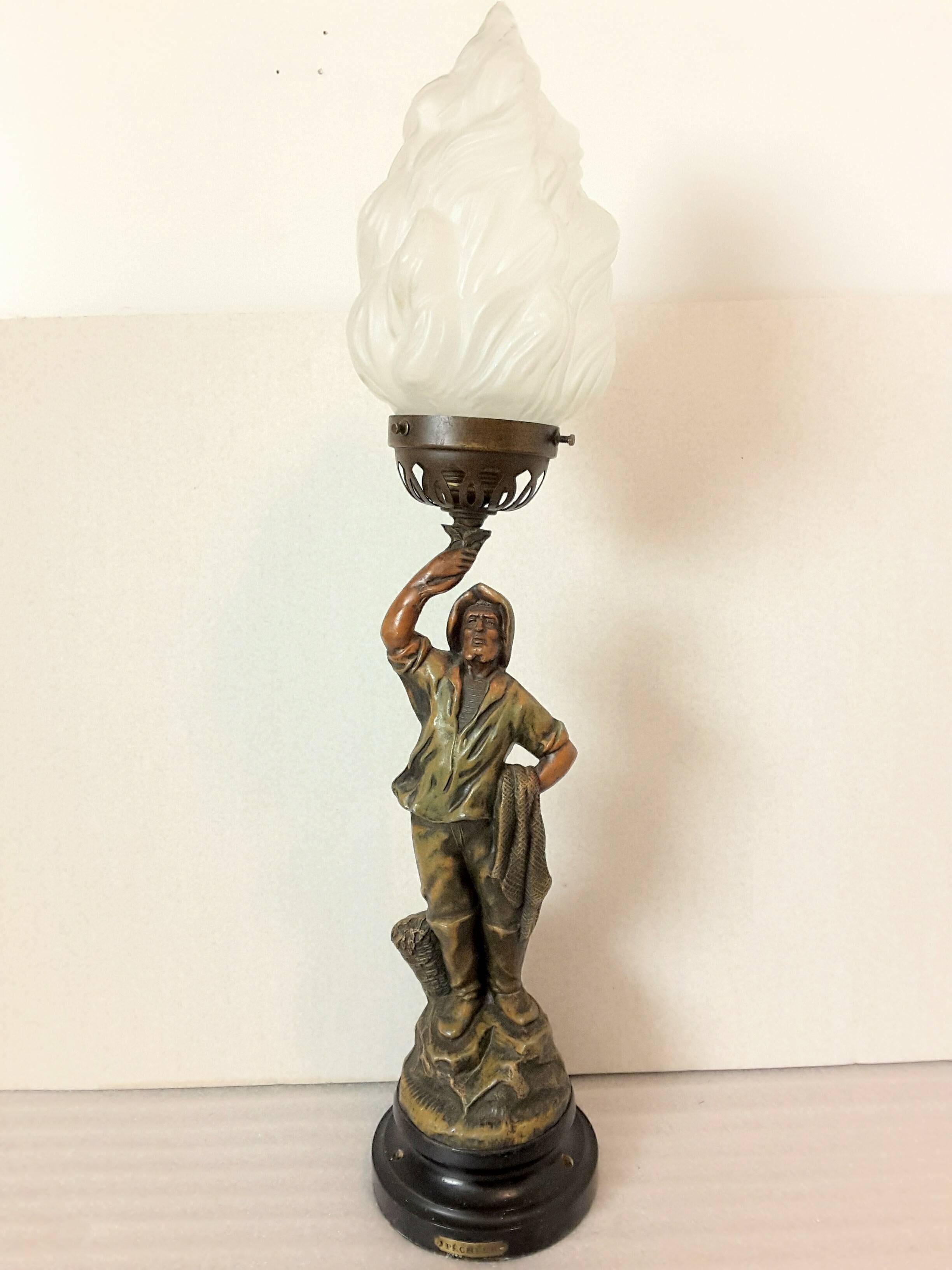 Newel Post Light or Lamp with Flame Shade Titled the "Pecheur" on the