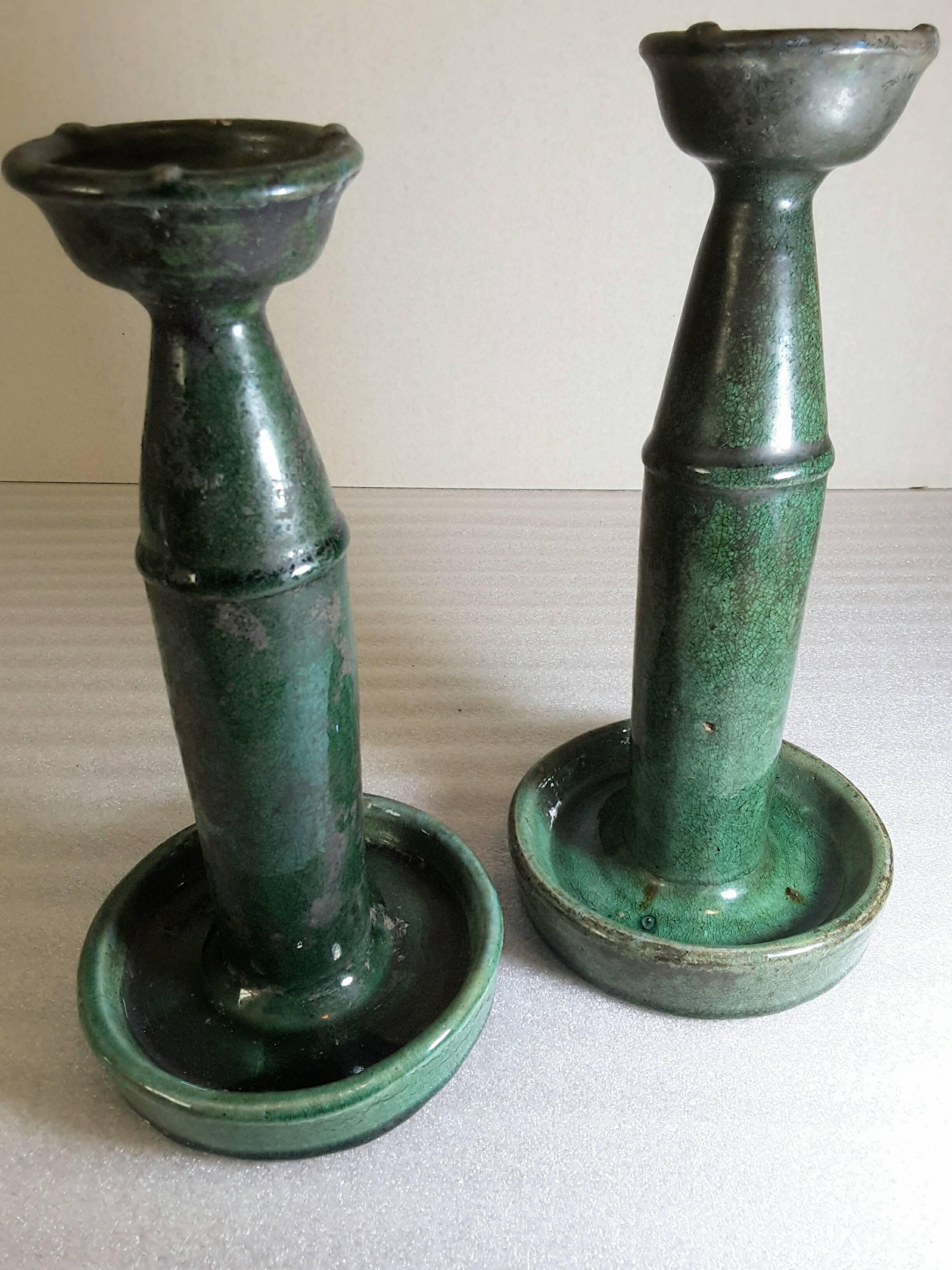 19th Century Shiwan Pottery Oil Lamps Late Qing Dynasty or Earlier, South Chinese, Two-Pieces For Sale