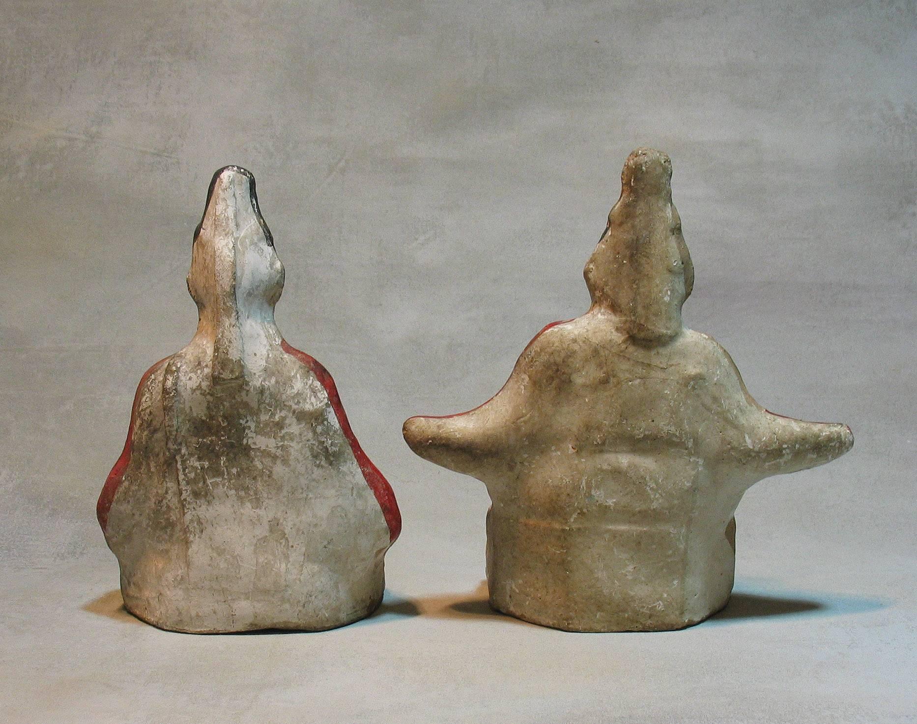 Two rare Japanese Izumo clay dolls of Emperor and Tenjin, Nara Prefecture, Meiji period. Material and simple execution impart a flavor of antiquity and great decorative power. Emperor measures 9 3/4