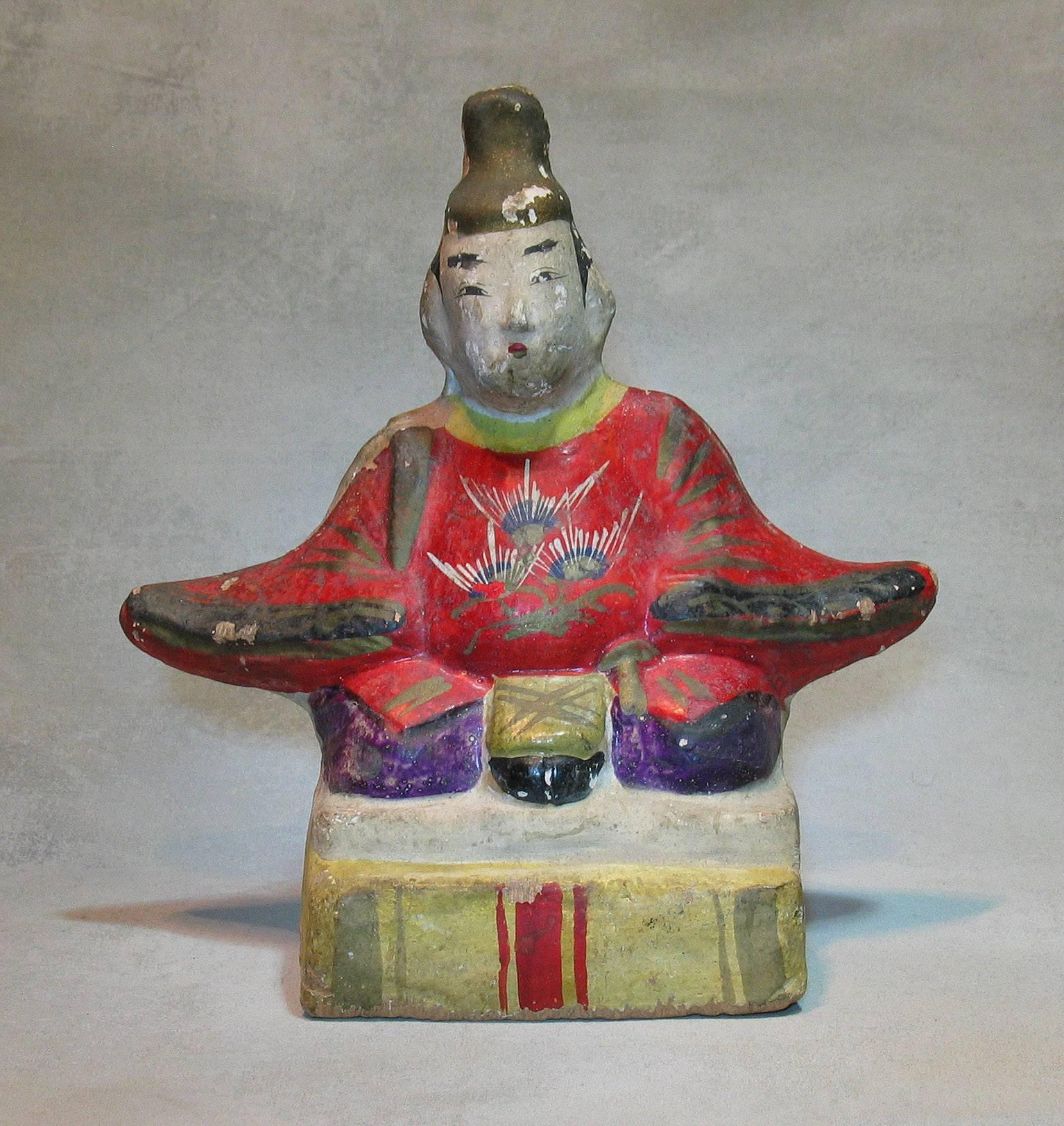 Seltene japanische Izumo-Keramik-Puppen von Kaiser und Tenjin, Meiji-Periode (Handgefertigt) im Angebot
