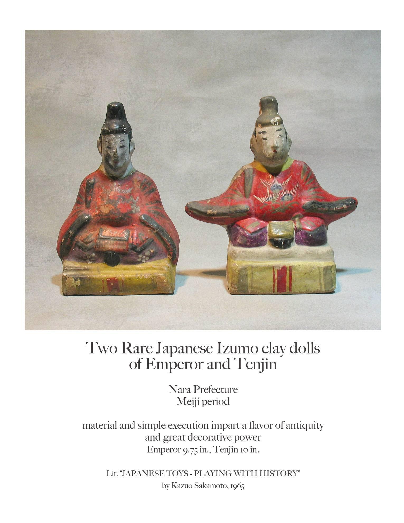 Seltene japanische Izumo-Keramik-Puppen von Kaiser und Tenjin, Meiji-Periode (Ton) im Angebot