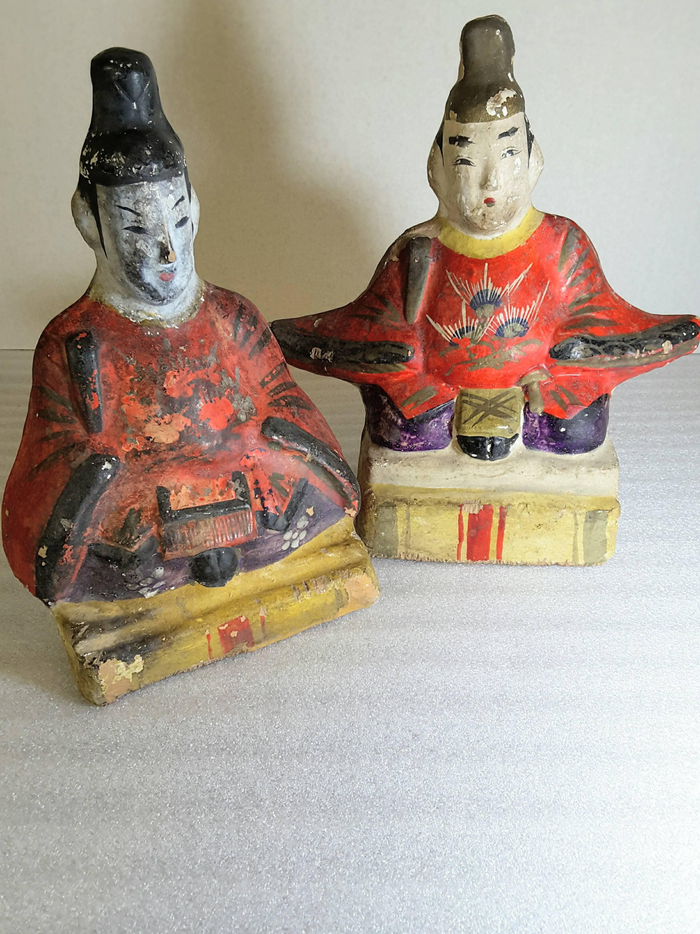 Two Rare Japanese Izumo Clay Dolls of Emperor and Tenjin, Meiji Period For Sale 2