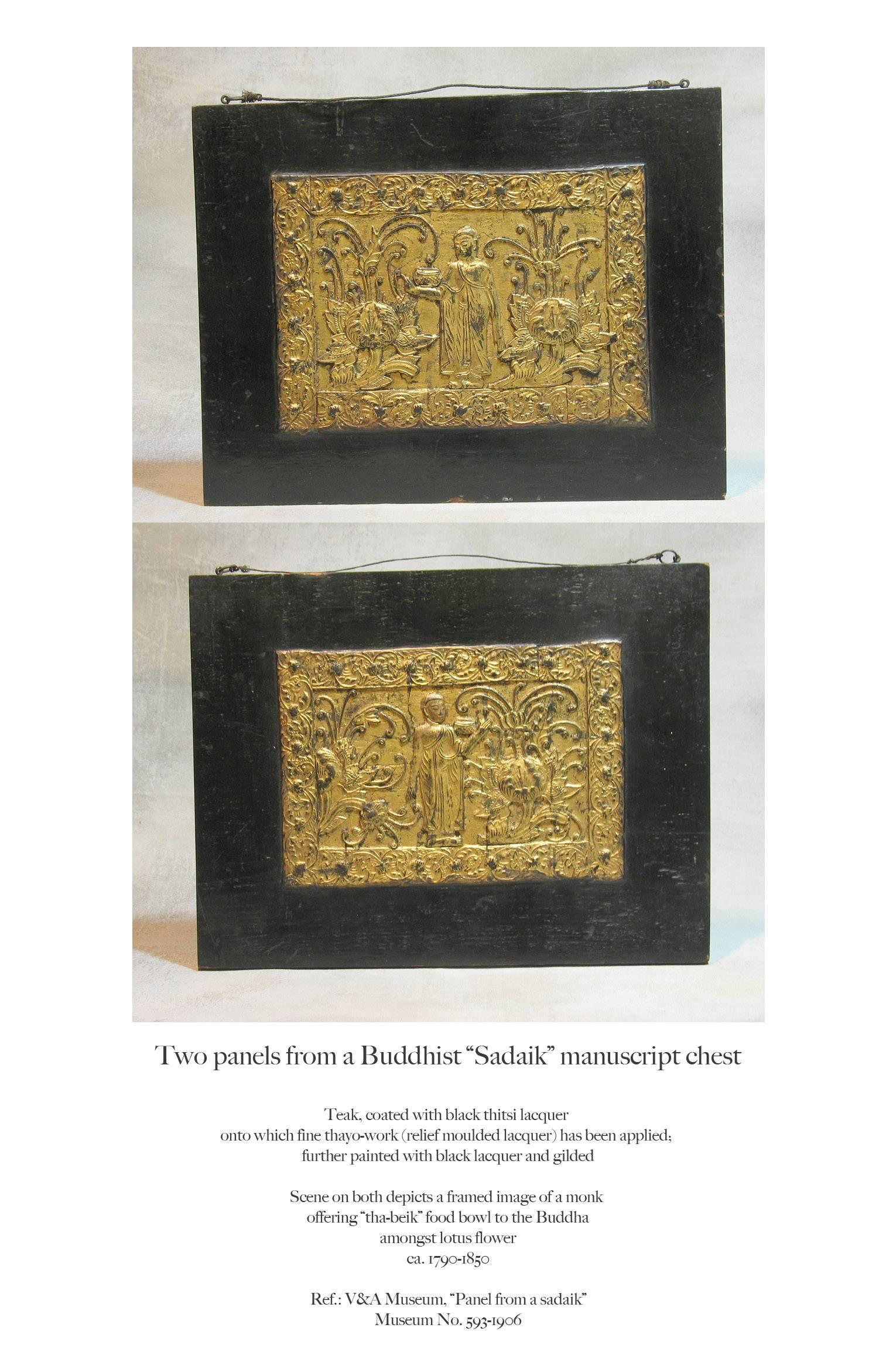 Two Panels from a Buddhist Sadaik Manuscript Chest, Burma, Circa 1790-1850 In Good Condition In Ottawa, Ontario