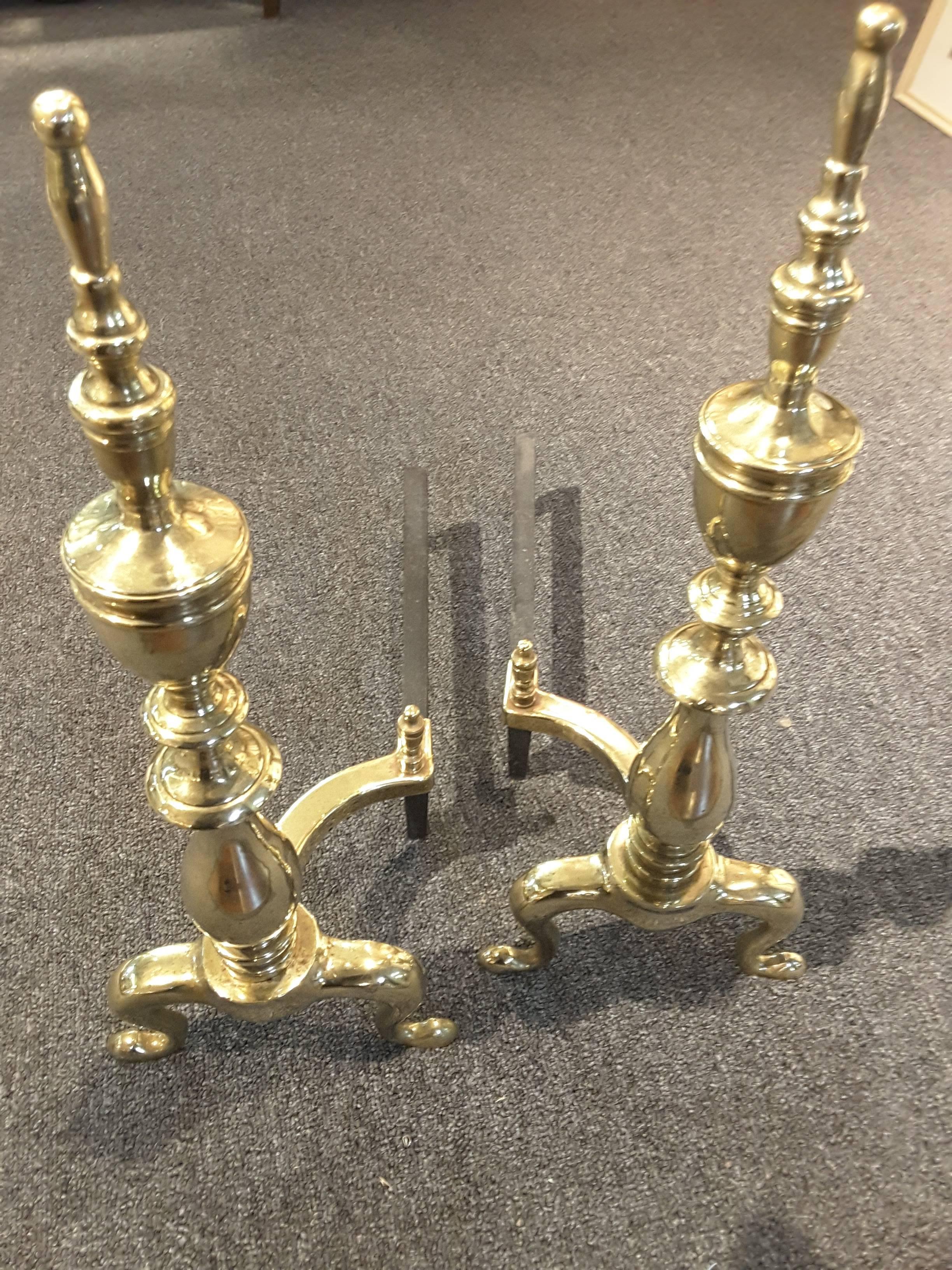 American Pair of Late 19th Century Solid Brass Andirons with Log Stops For Sale