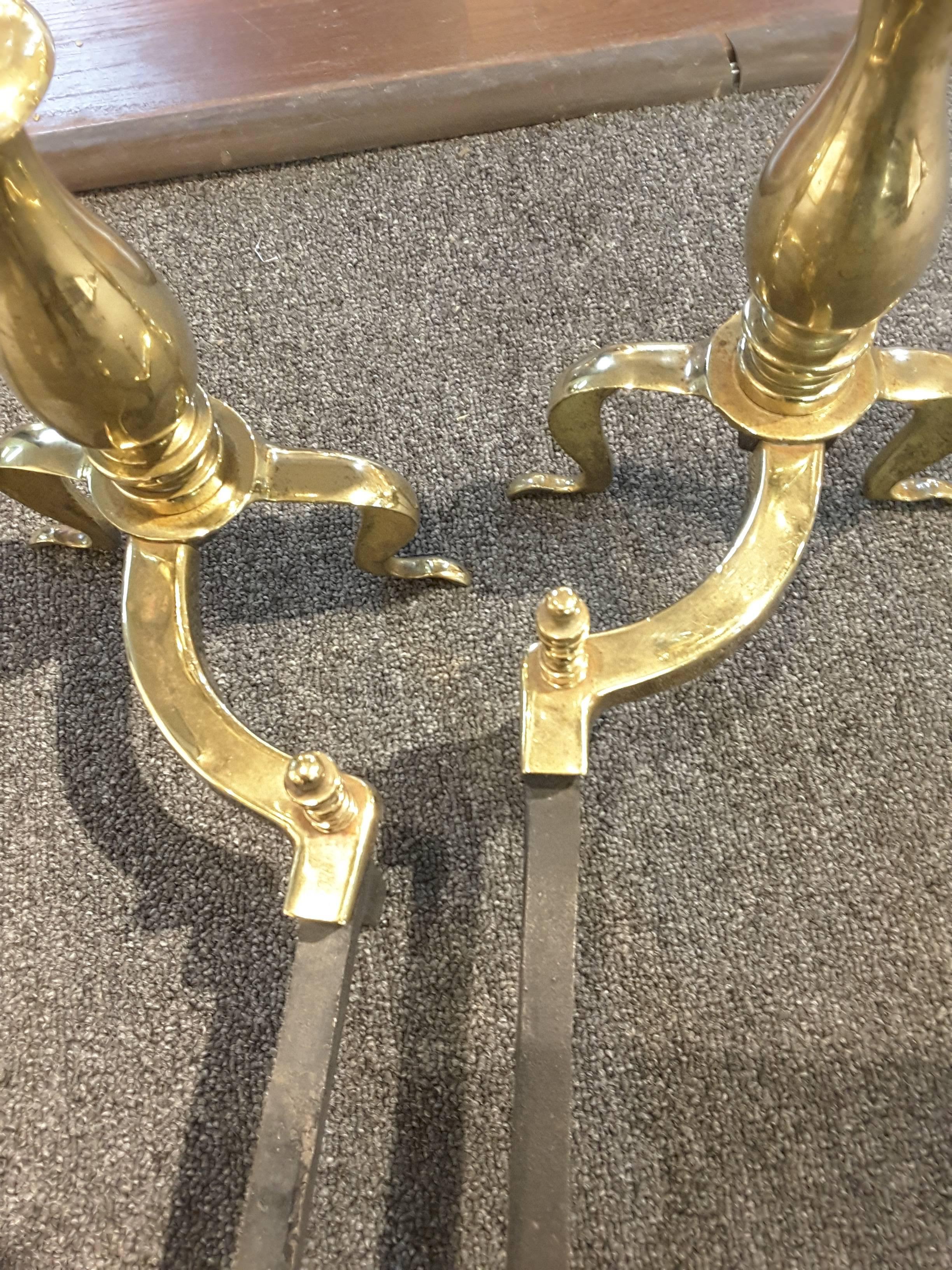 American Classical Pair of Late 19th Century Solid Brass Andirons with Log Stops For Sale