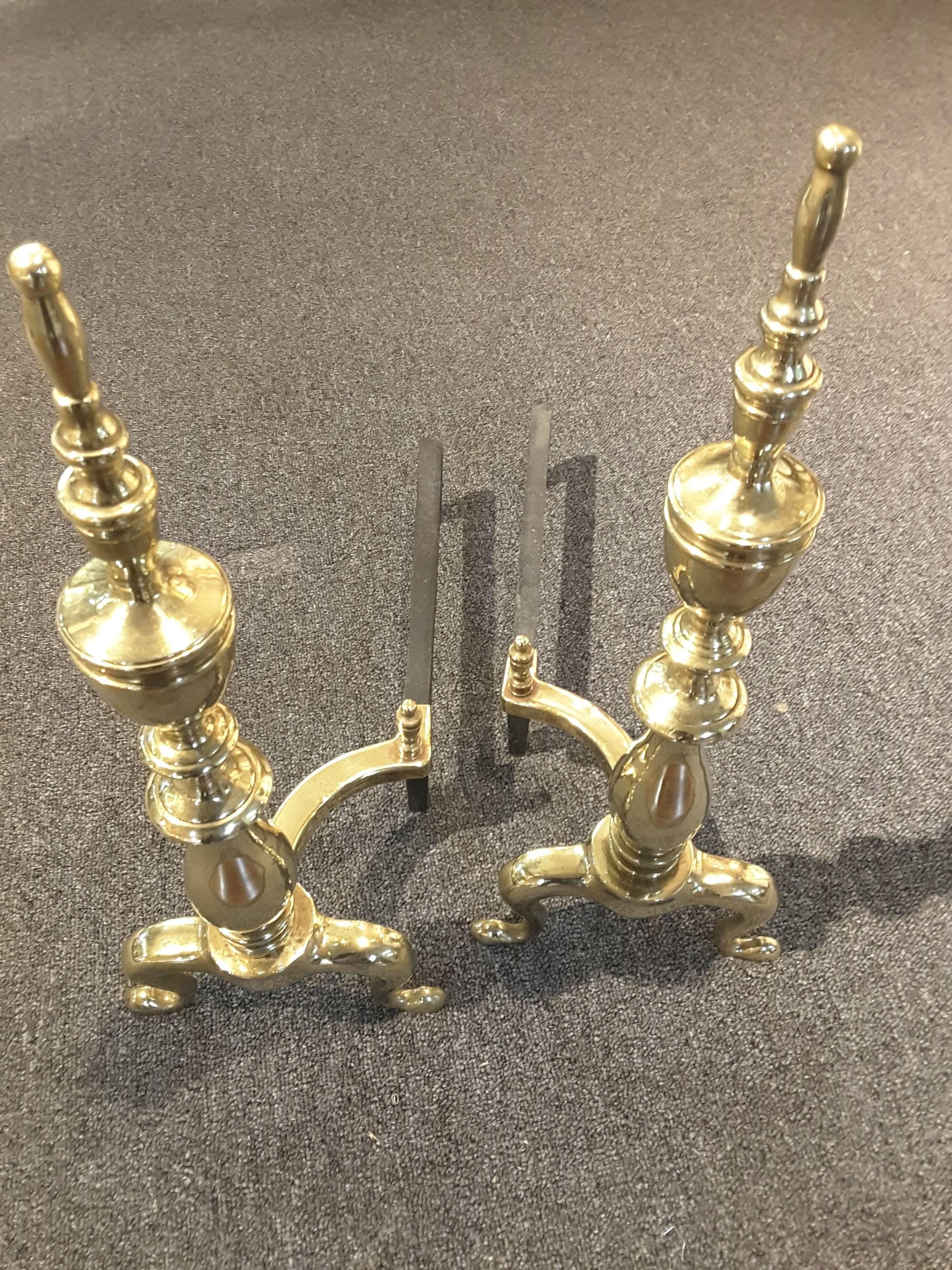 Pair of Late 19th Century Solid Brass Andirons with Log Stops For Sale 3