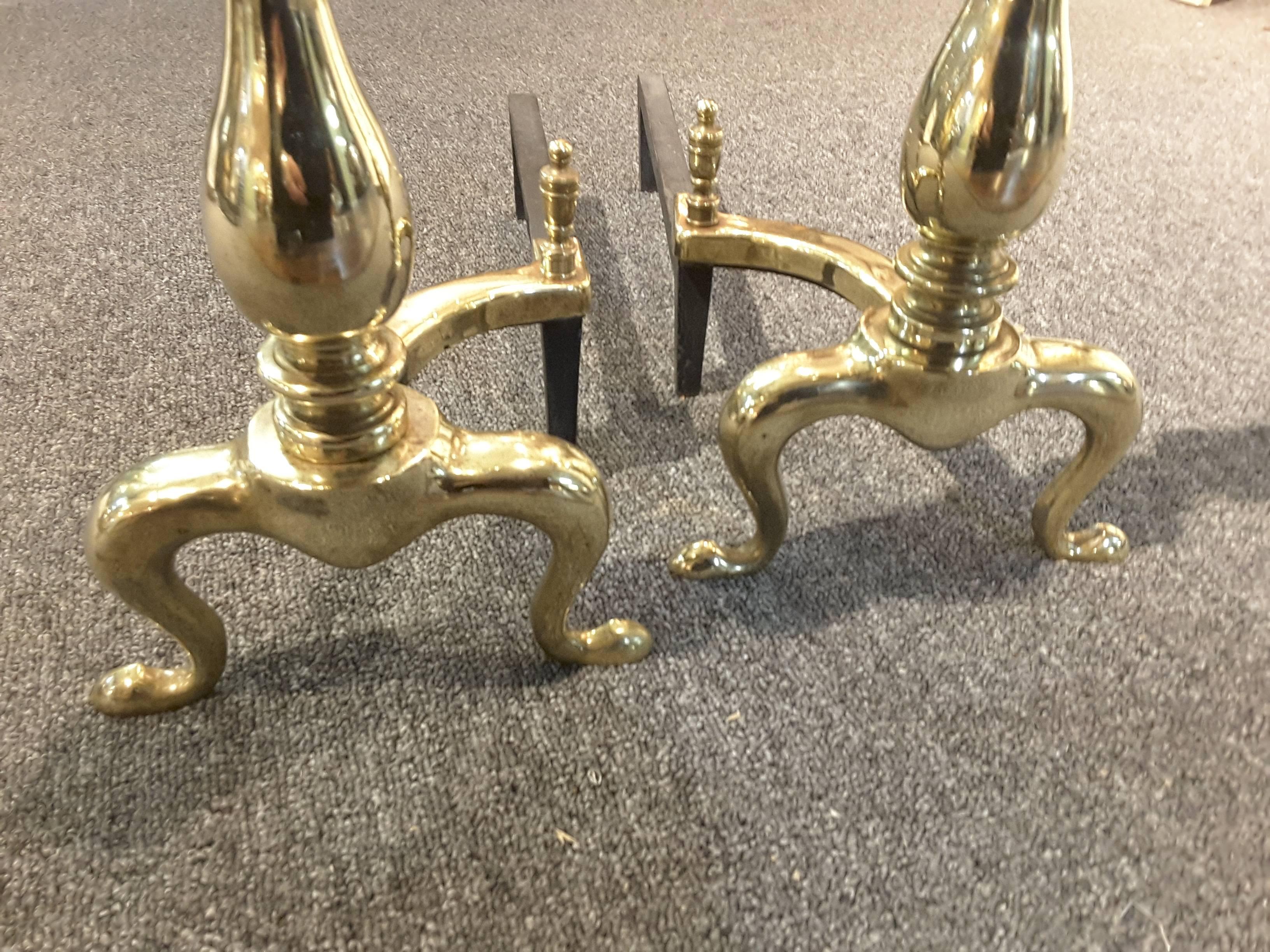 Pair of Late 19th Century Solid Brass Andirons with Log Stops For Sale 2