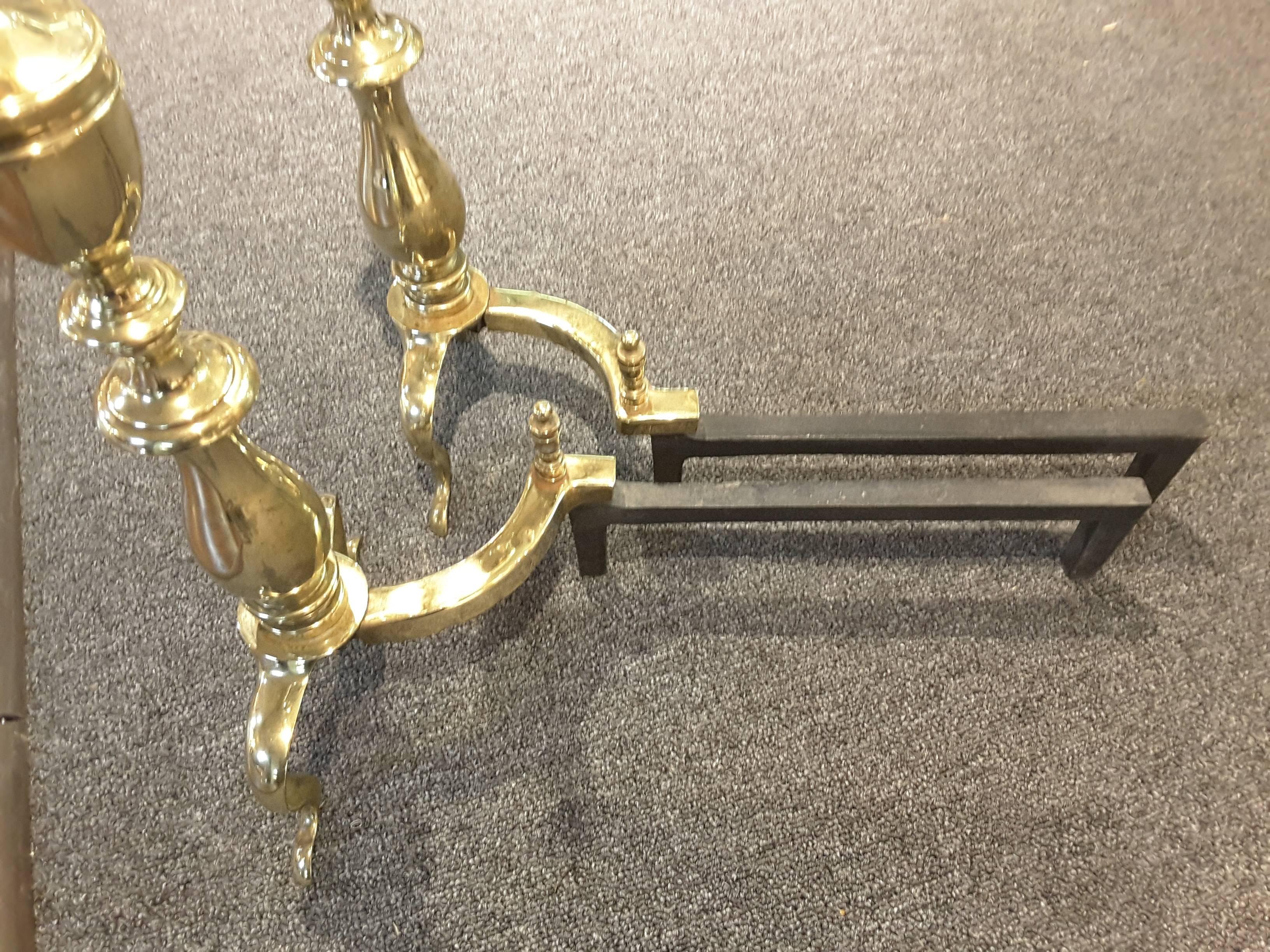 Pair of Late 19th Century Solid Brass Andirons with Log Stops For Sale 5