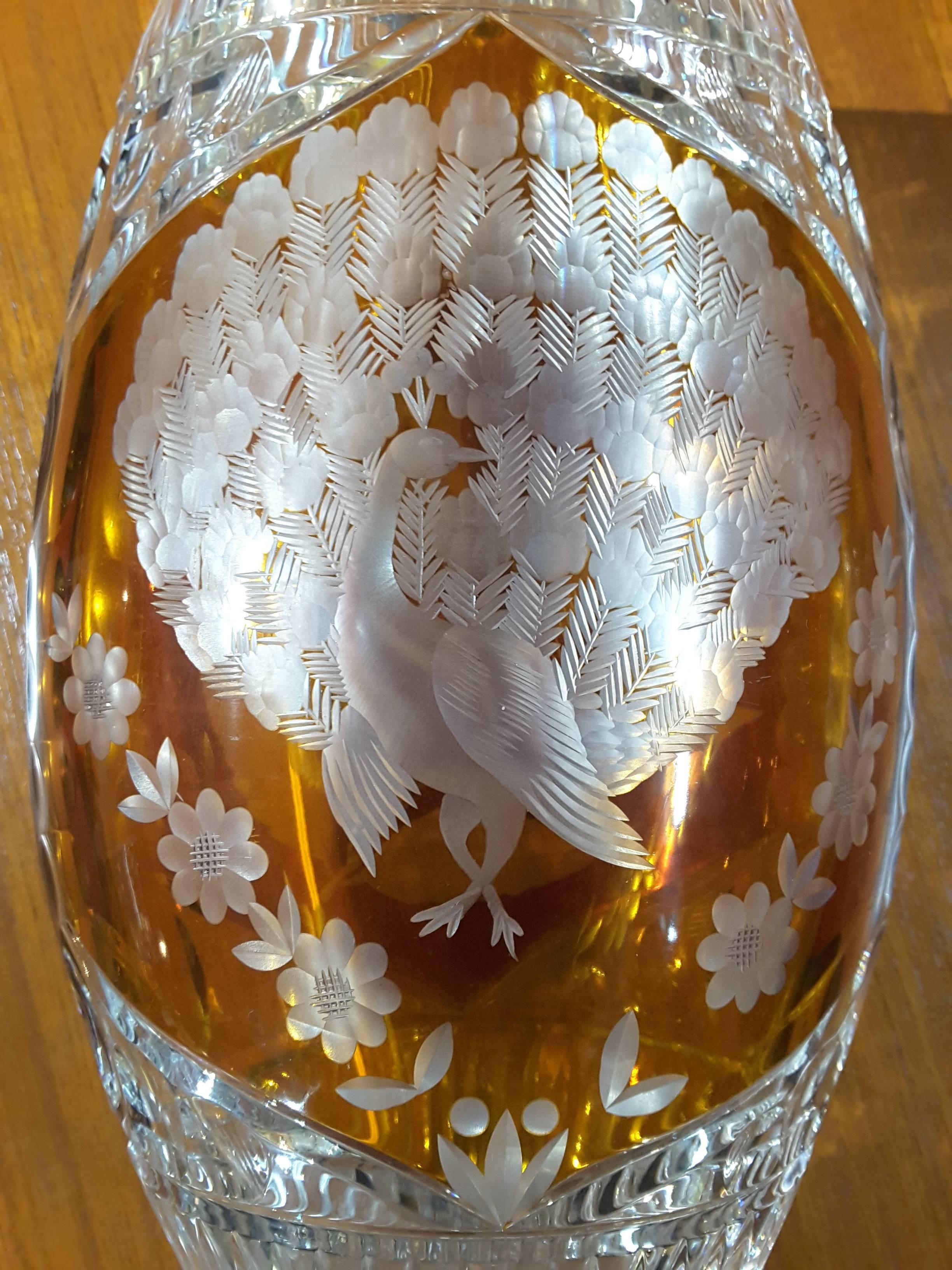 Mid-20th Century Amber Flashed Wheel Cut Lead Crystal, Art Deco Vase, Josephine Hutte For Sale