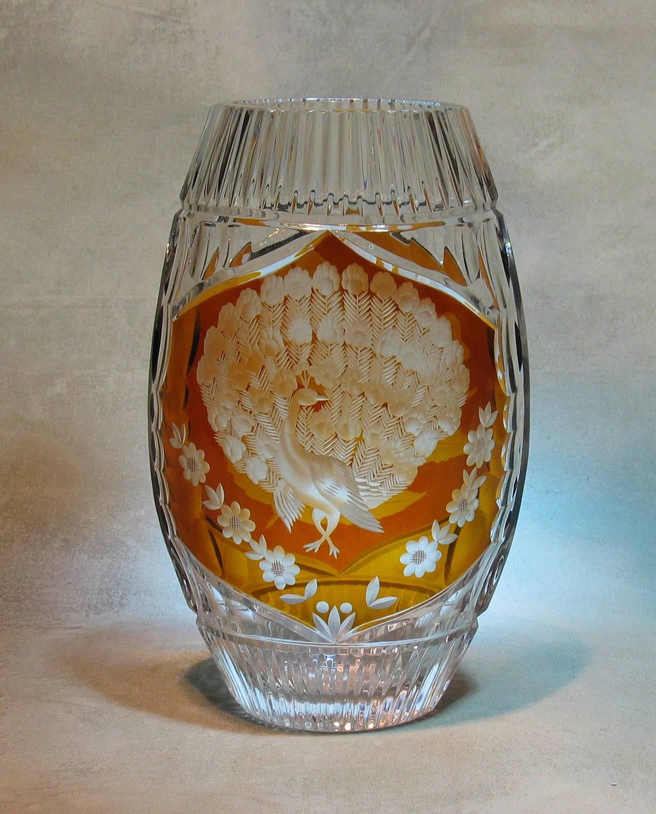 Amber Flashed Wheel Cut Lead Crystal, Art Deco Vase, Josephine Hutte For Sale 1