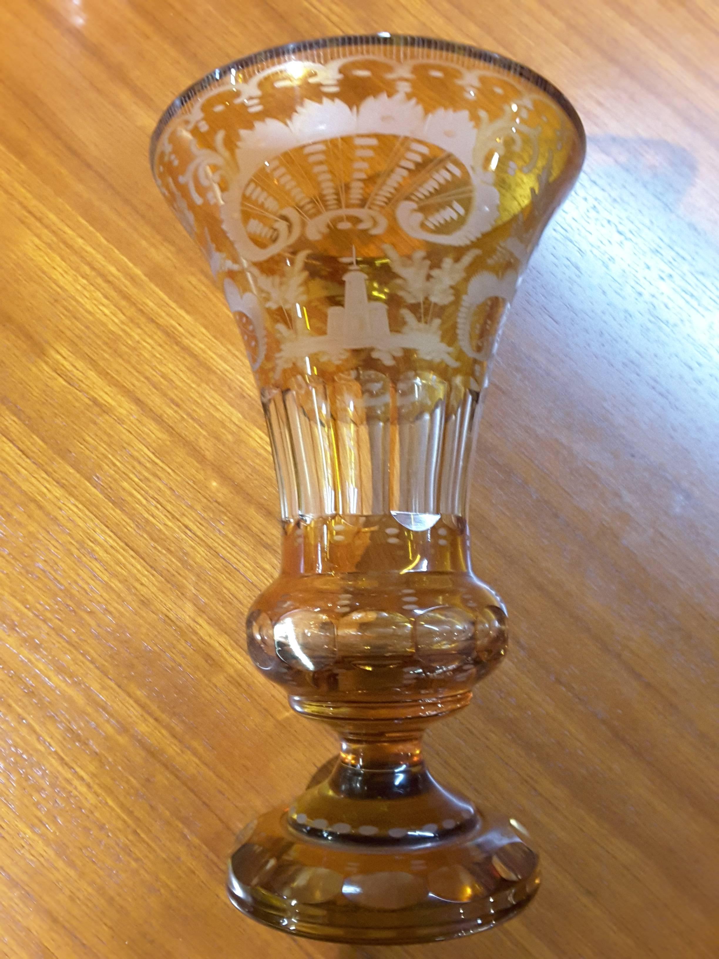 Antique Bohemian Amber Flashed Cut-Glass Vase 1
