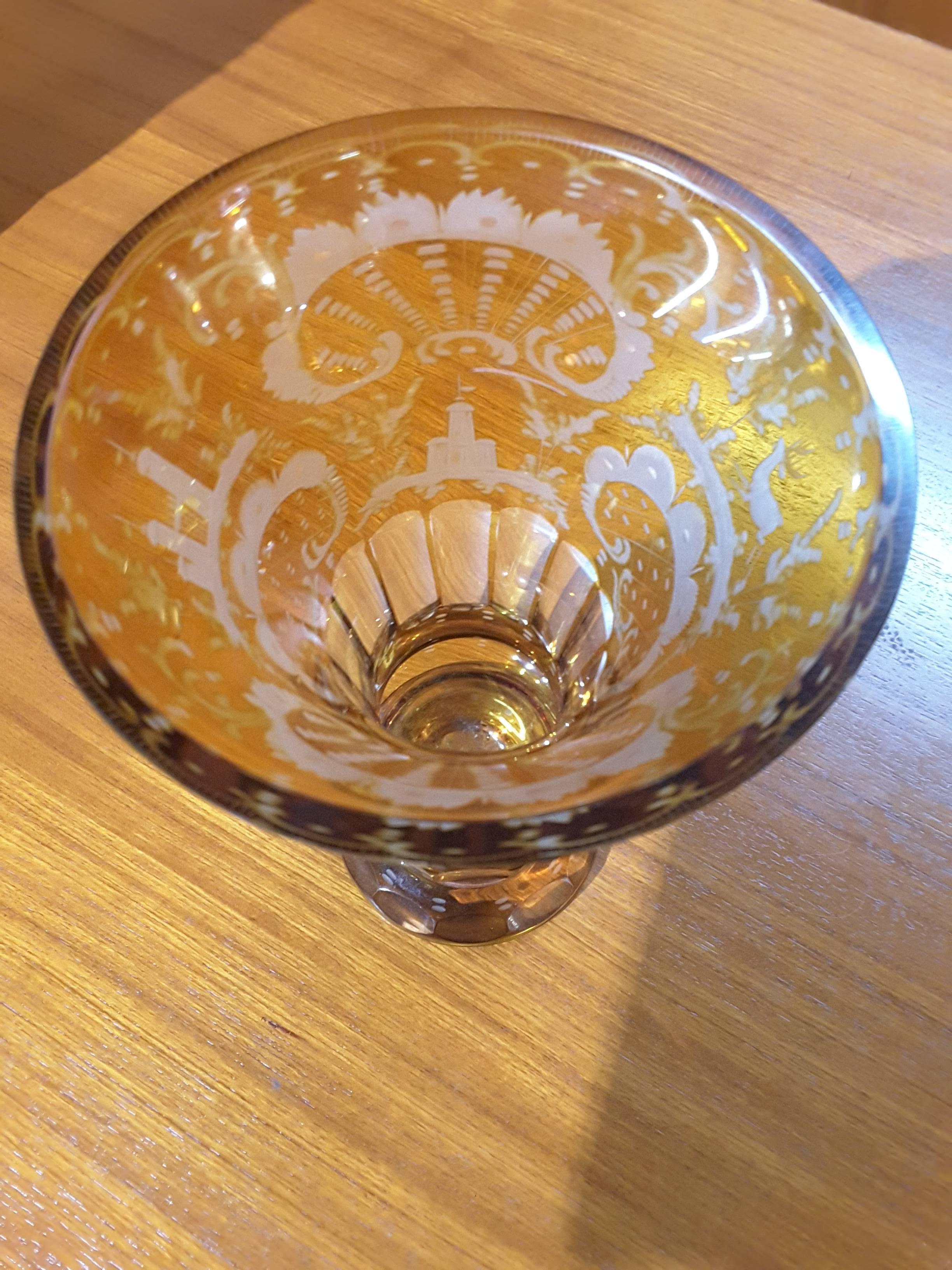 Czech Antique Bohemian Amber Flashed Cut-Glass Vase
