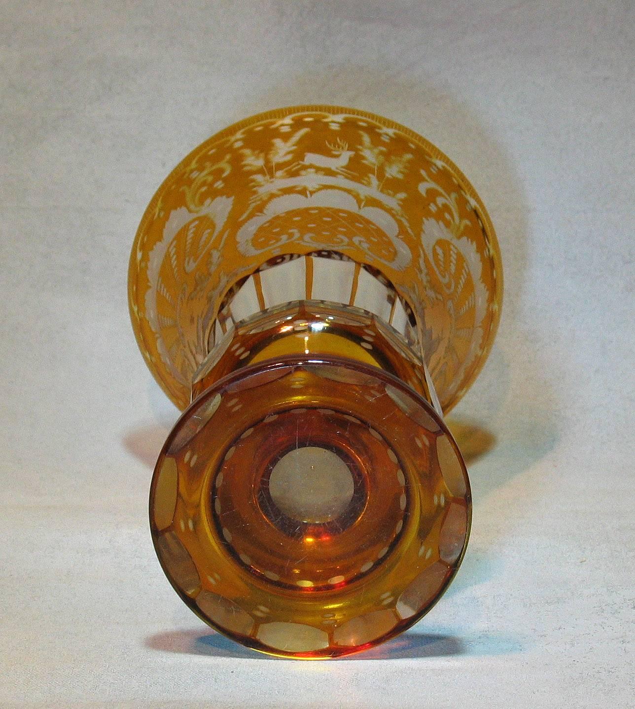 Antique Bohemian amber flashed cut-glass vase, bell shaped crater, upper half finely cut with alternating 