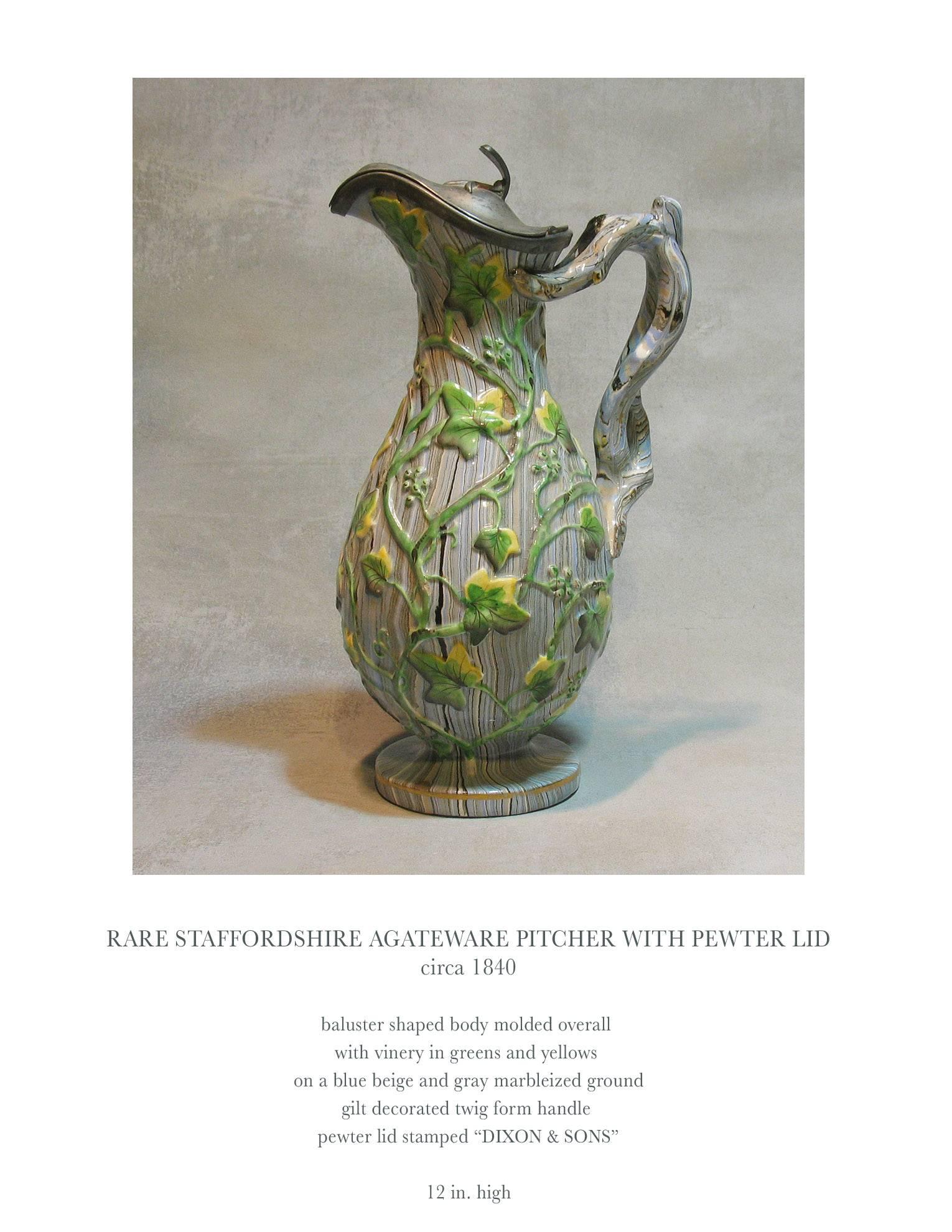 Art Nouveau Rare Staffordshire Agateware Pitcher with Pewter Lid, circa 1840 For Sale