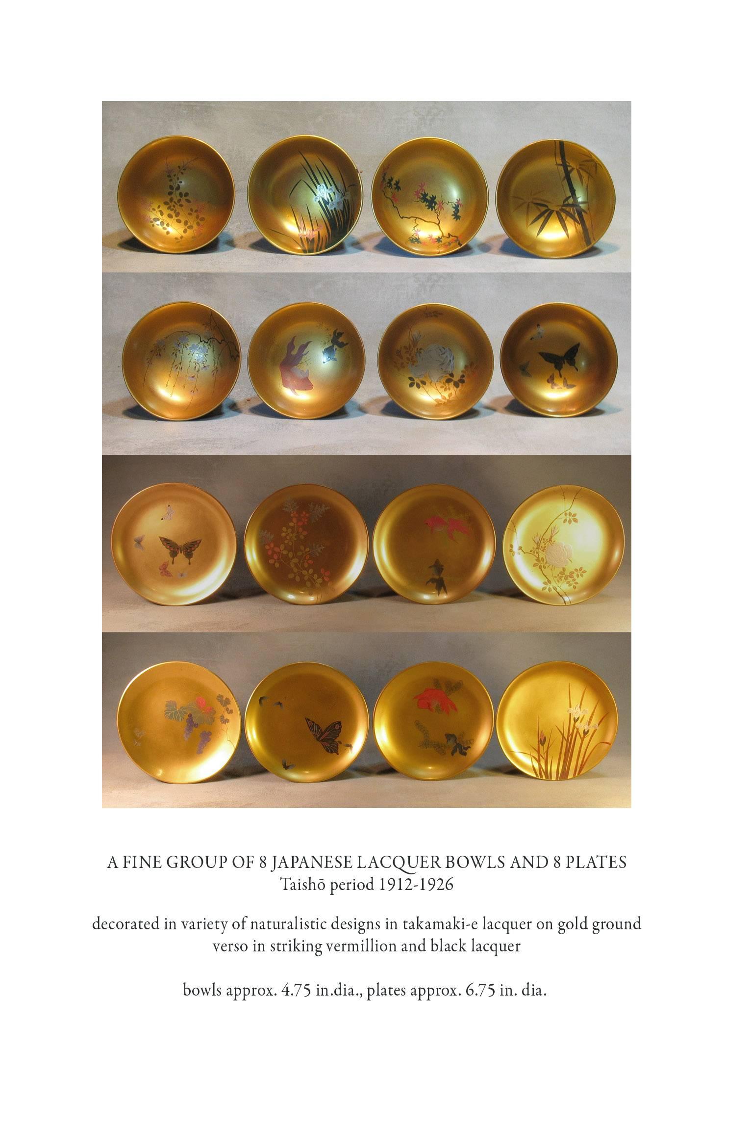 Eight Japanese Lacquer Bowls and Eight Plates, Taisho Period, 1912-1926 In Good Condition In Ottawa, Ontario